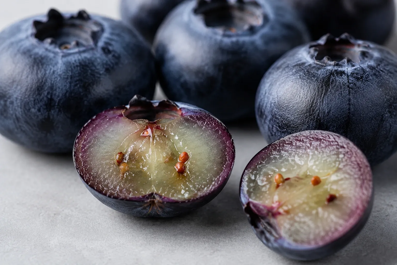 Mirtilos inteiros e cortados mostrando a coloração azul e roxa característica da fruta.