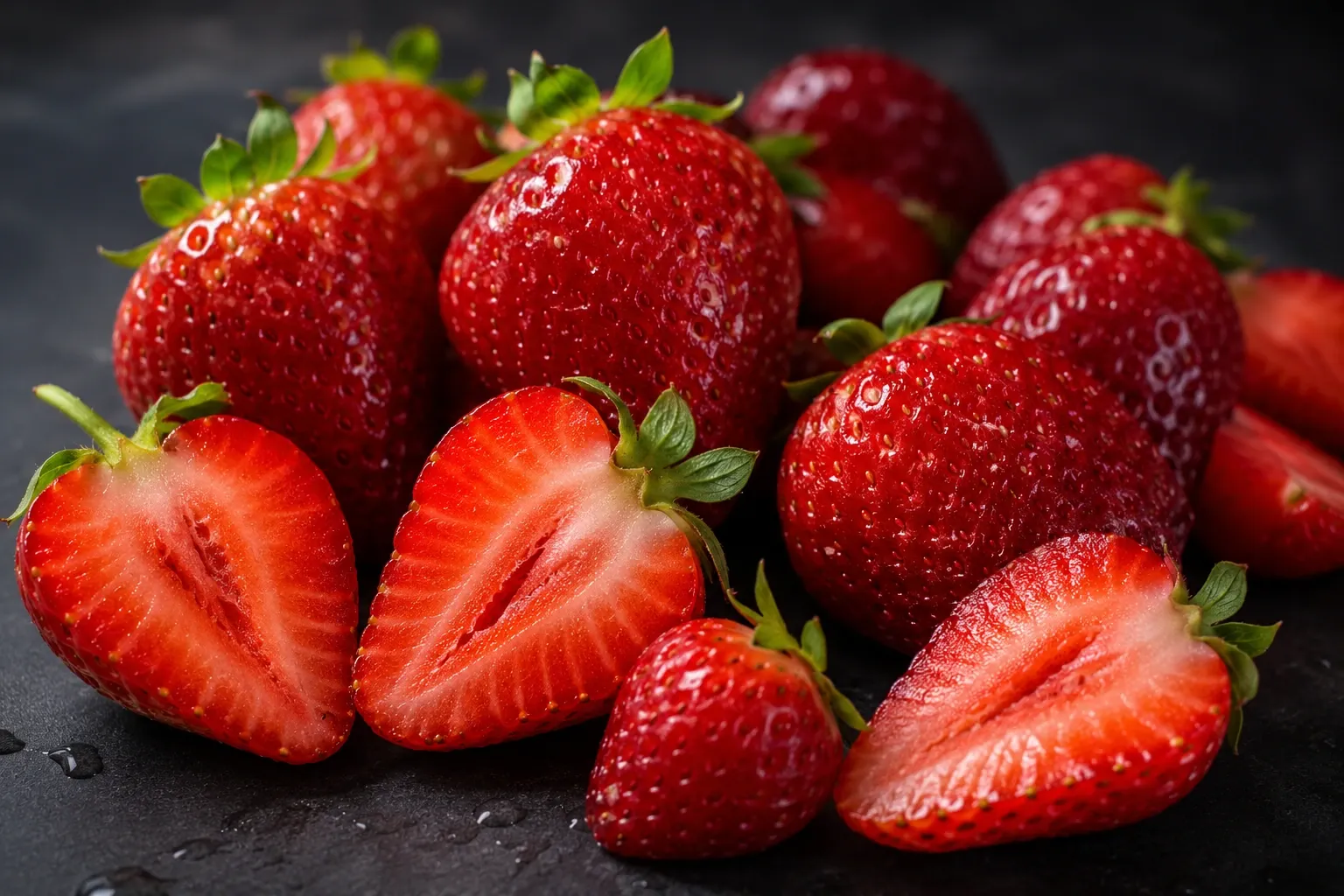 Detalhe aproximado de morangos maduros e cortados, destacando a coloração vermelha natural da fruta.