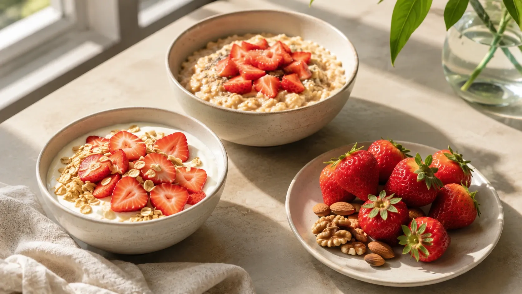 Três maneiras de consumir morangos: com iogurte e aveia, sobre mingau e como fruta fresca com castanhas.