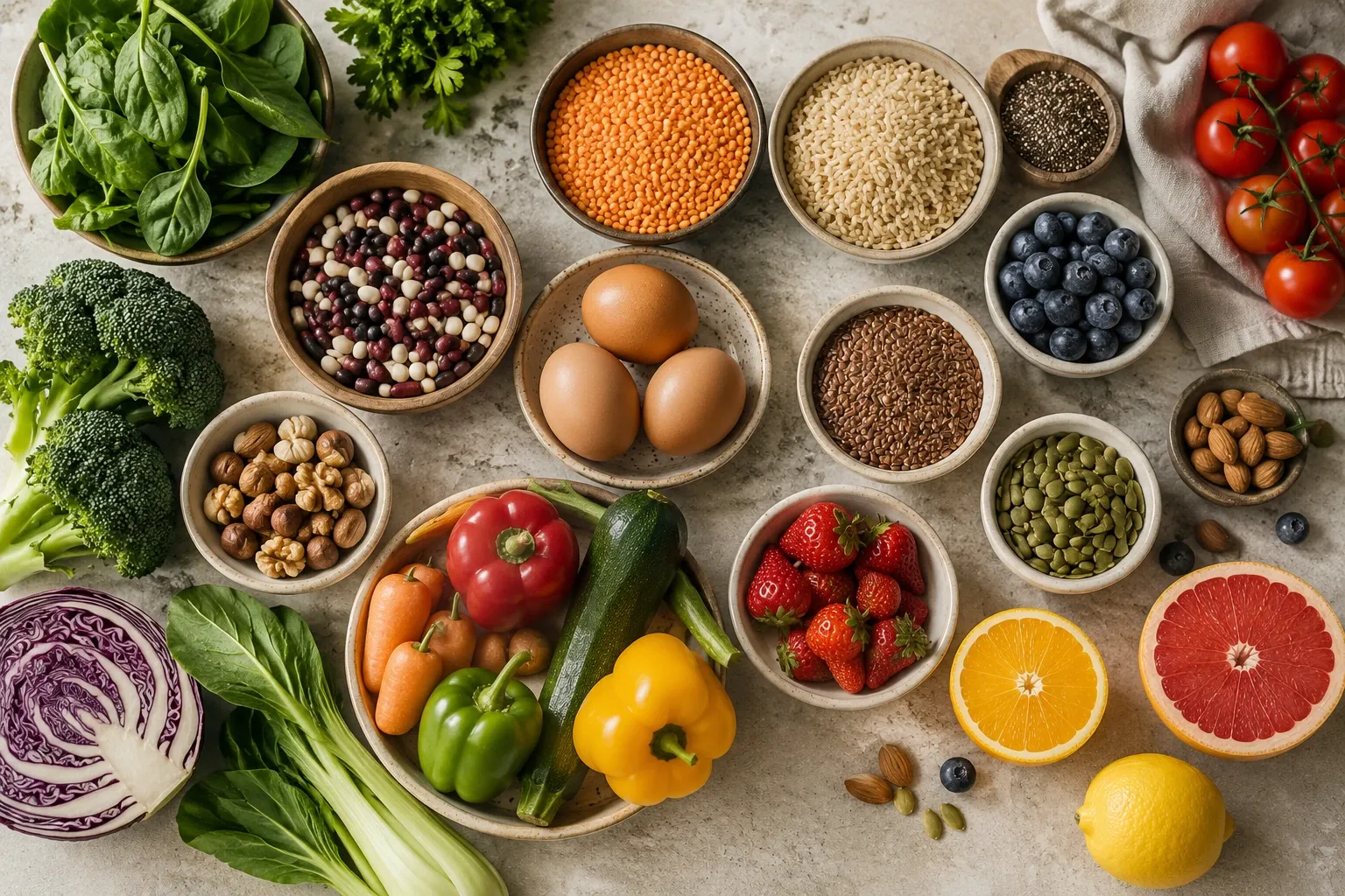 Variedade de alimentos nutritivos, incluindo vegetais, frutas, grãos, ovos, leguminosas, sementes e oleaginosas.