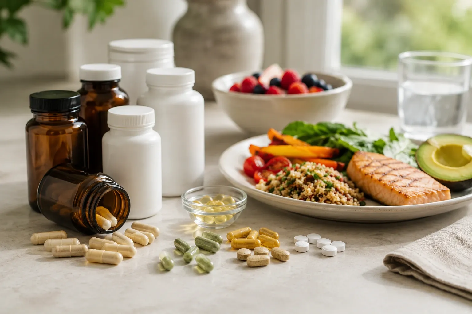 Cápsulas e frascos neutros de suplementos próximos a uma refeição saudável, representando diferentes fontes de nutrientes.