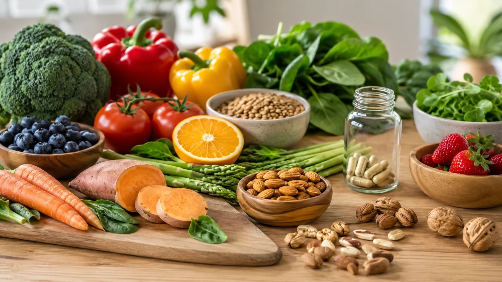 Frutas, verduras e alimentos variados ao lado de um frasco neutro de multivitamínico e algumas cápsulas.