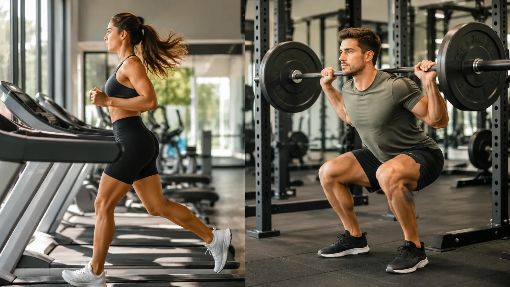 Uma pessoa realizando exercício aeróbico em uma esteira enquanto outra pratica musculação.