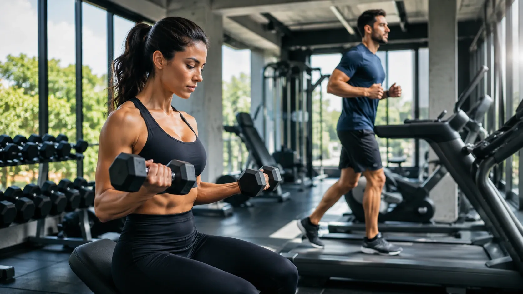 Pessoa treinando com pesos em uma academia enquanto outra pratica exercício aeróbico em uma esteira.