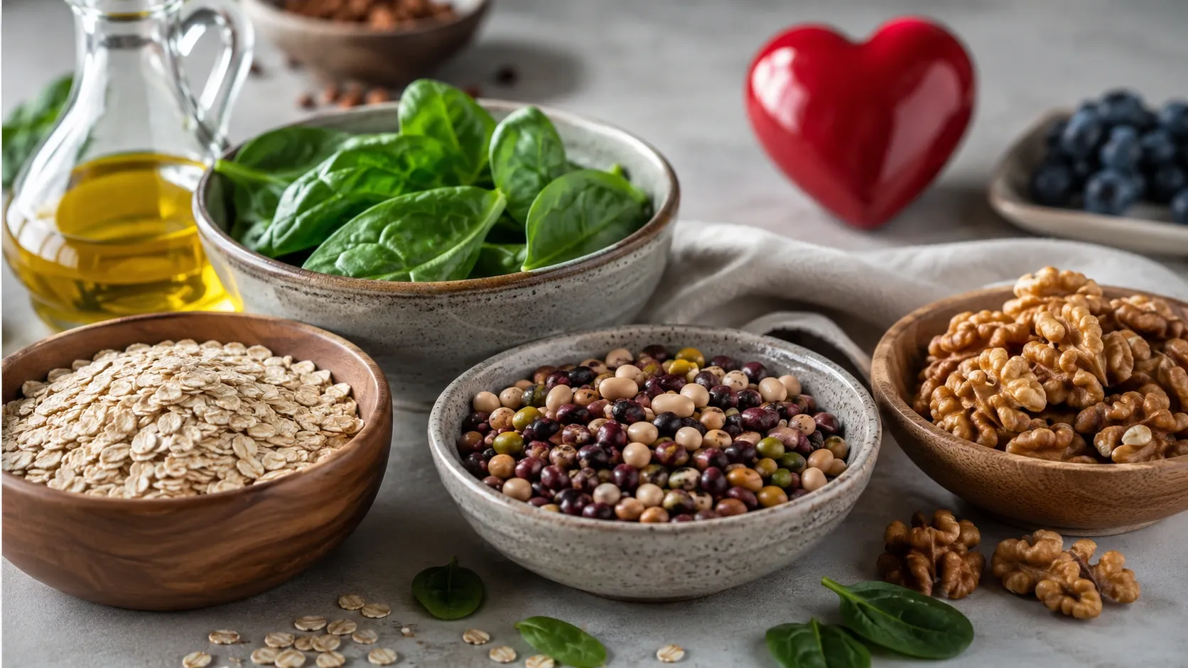 Nozes acompanhadas de aveia, verduras, leguminosas e azeite em uma composição sobre alimentação saudável para o coração.