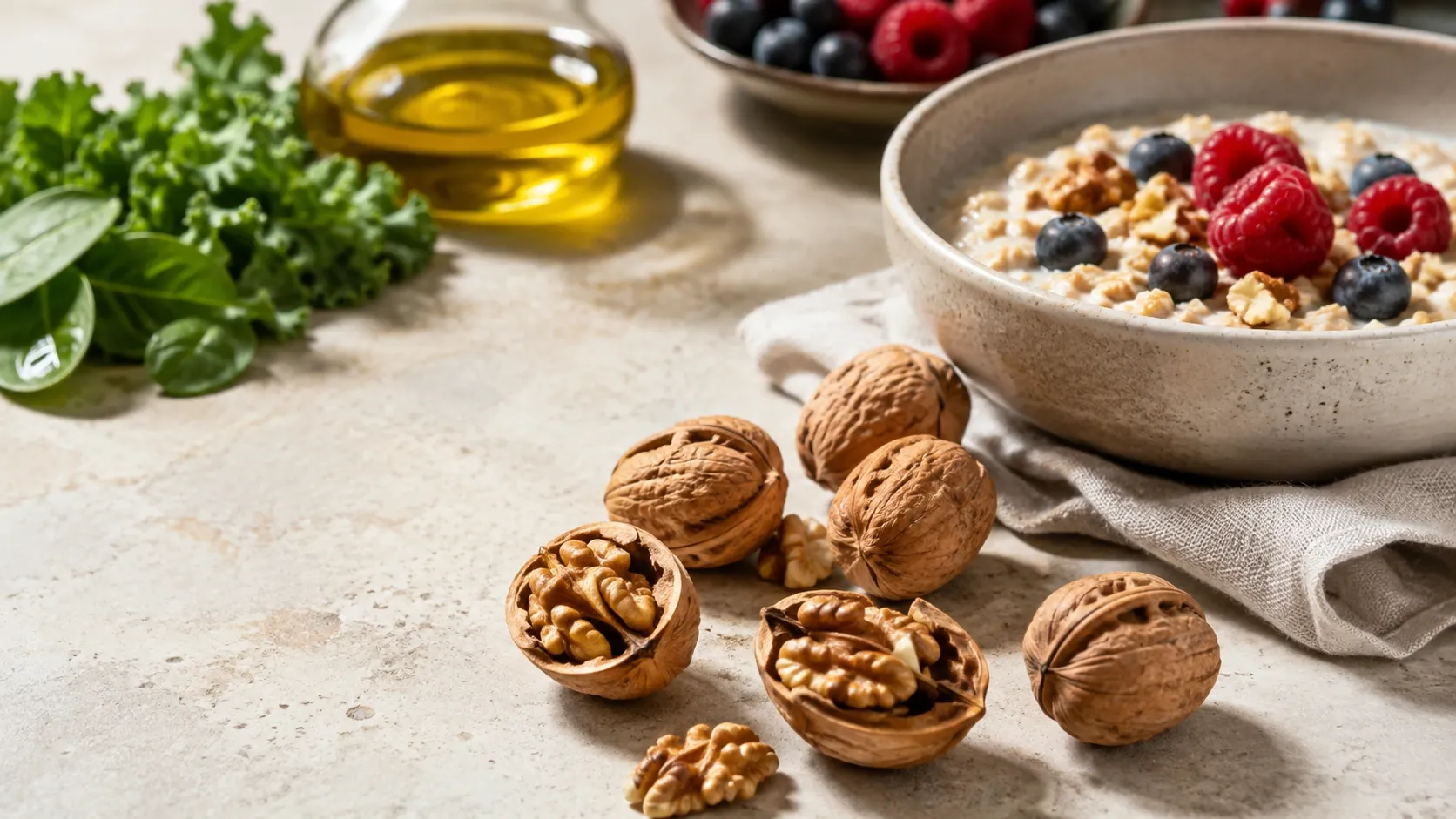 Nozes abertas e inteiras sobre uma mesa, acompanhadas de alimentos de um padrão alimentar saudável para o coração.