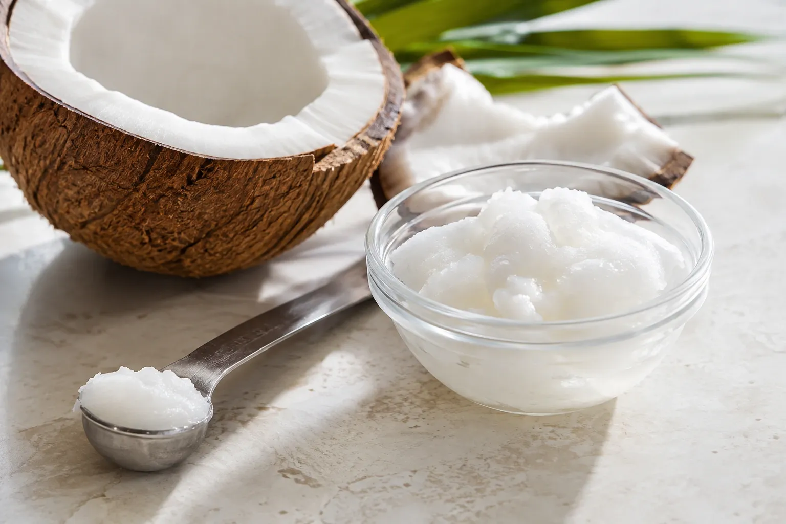 Pequena porção de óleo de coco acompanhada de coco fresco e colher medidora.
