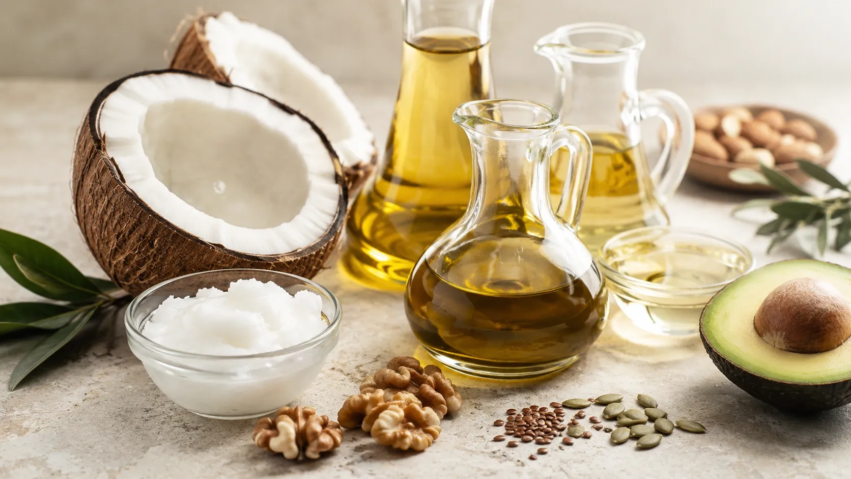 Óleo de coco ao lado de coco fresco e diferentes óleos vegetais utilizados na alimentação.
