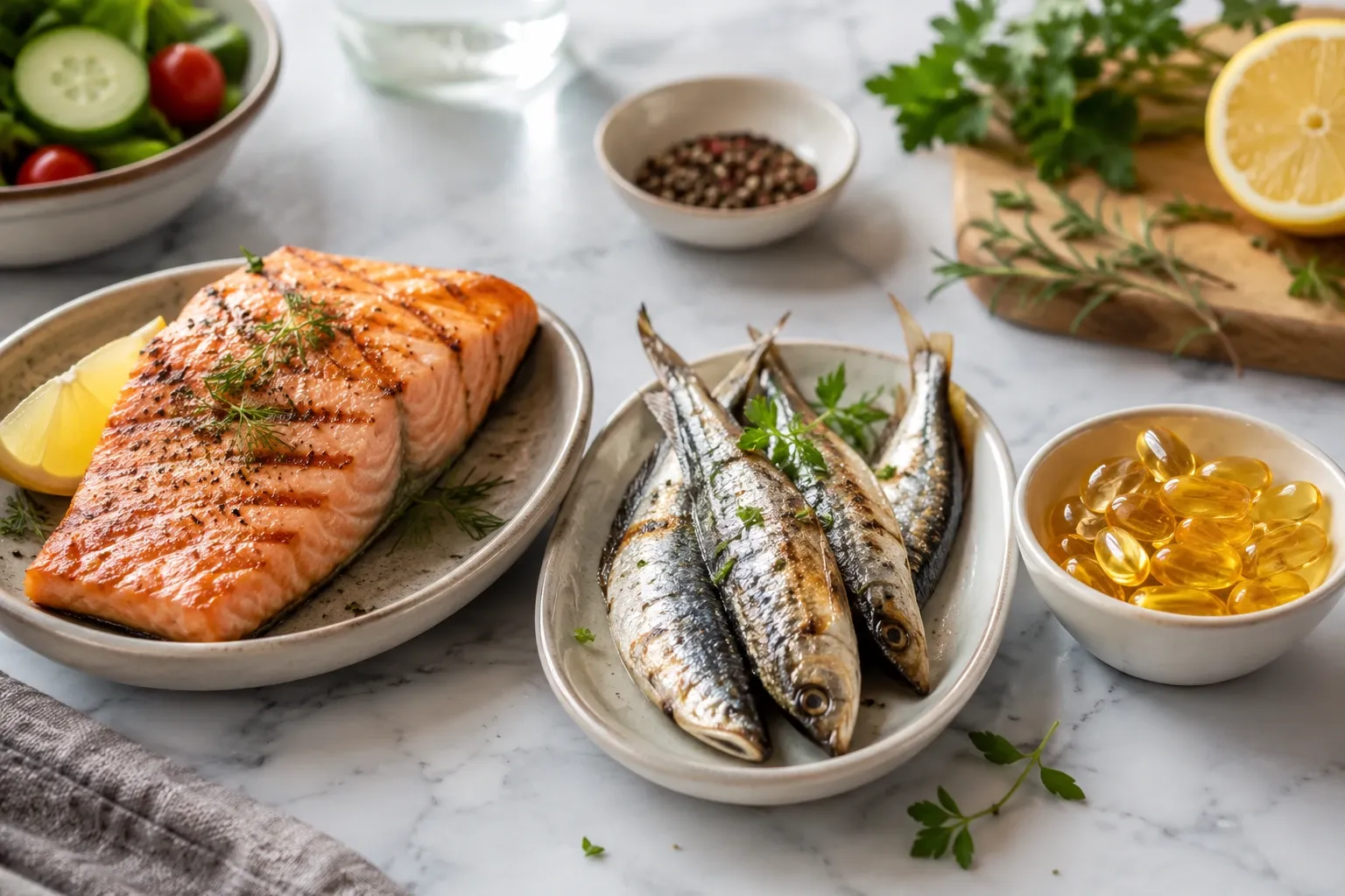 Salmão e sardinhas ao lado de cápsulas de óleo de peixe, comparando fontes alimentares e suplementares de ômega 3.