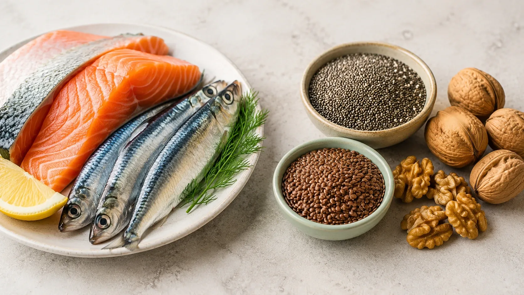 Peixes gordurosos ao lado de chia, linhaça e nozes, representando fontes marinhas e vegetais de ômega-3.