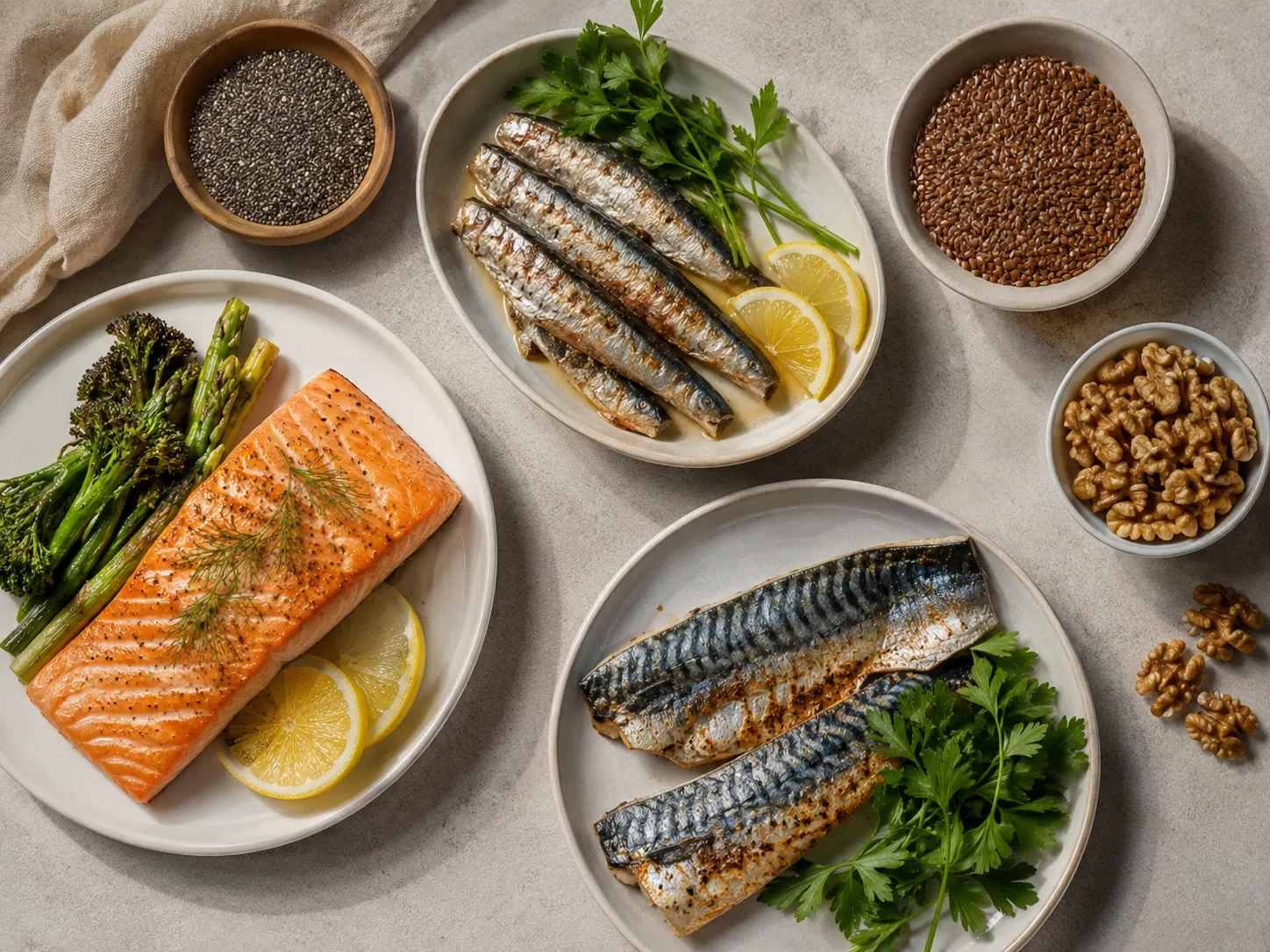 Salmão, sardinha, cavala, chia, linhaça e nozes organizados sobre uma mesa.