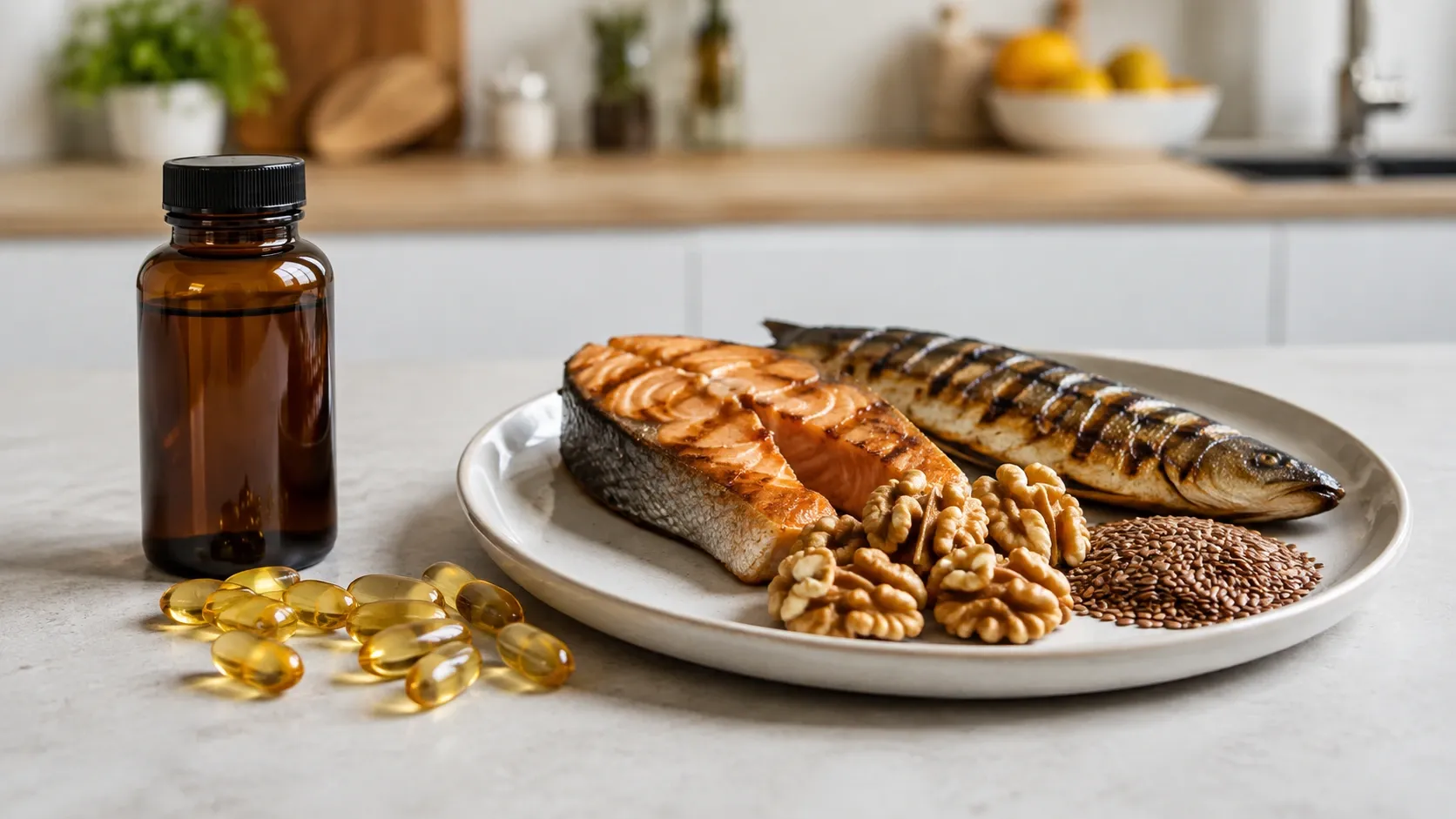 Cápsulas de ômega-3 ao lado de peixe, sementes e nozes, representando alimentação e suplementação.