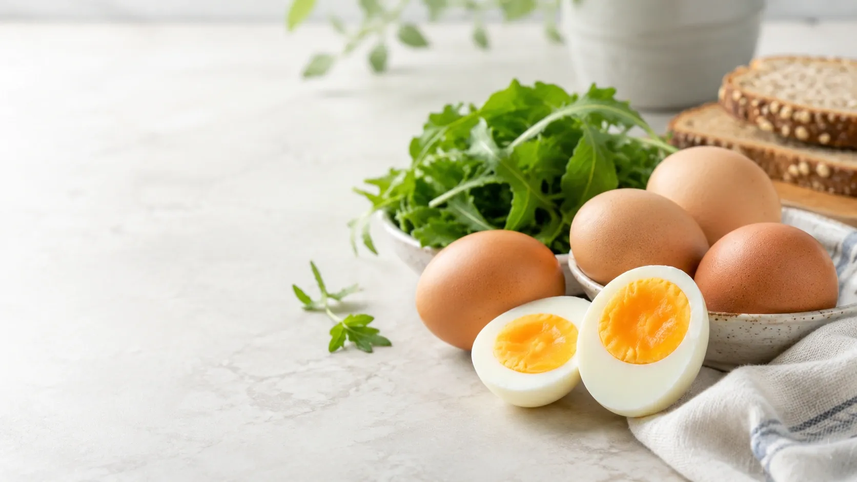 Ovos cozidos e inteiros com folhas verdes e pão integral em uma composição saudável e natural.