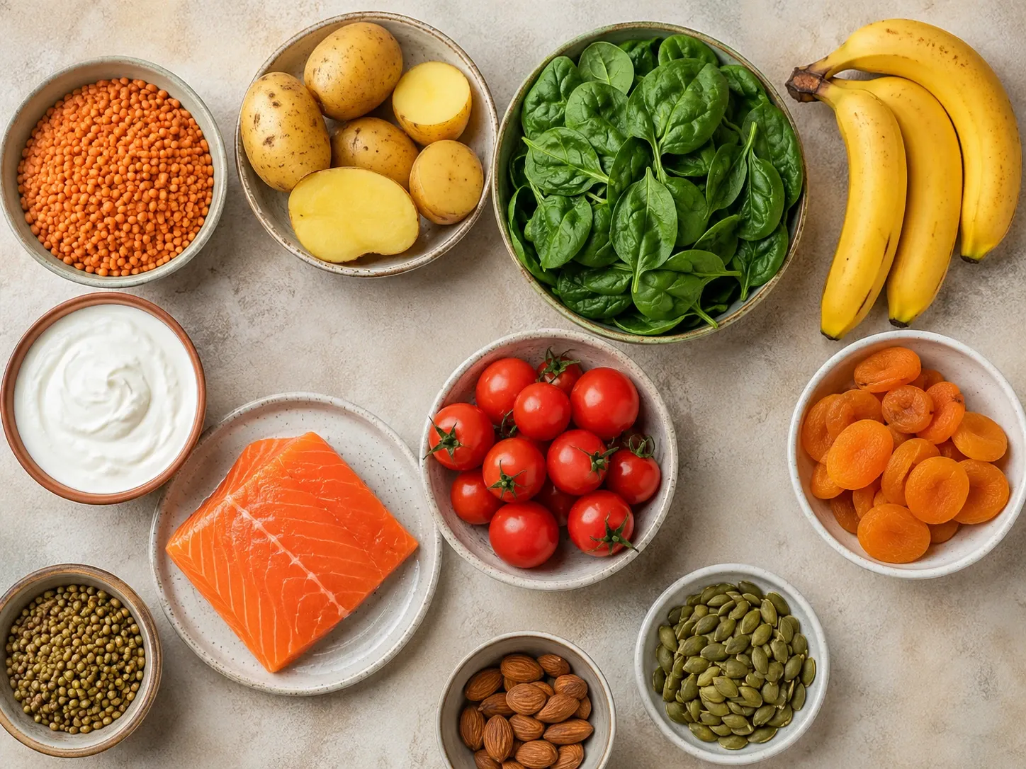 Alimentos de diferentes grupos que fornecem potássio, organizados sobre uma superfície clara.