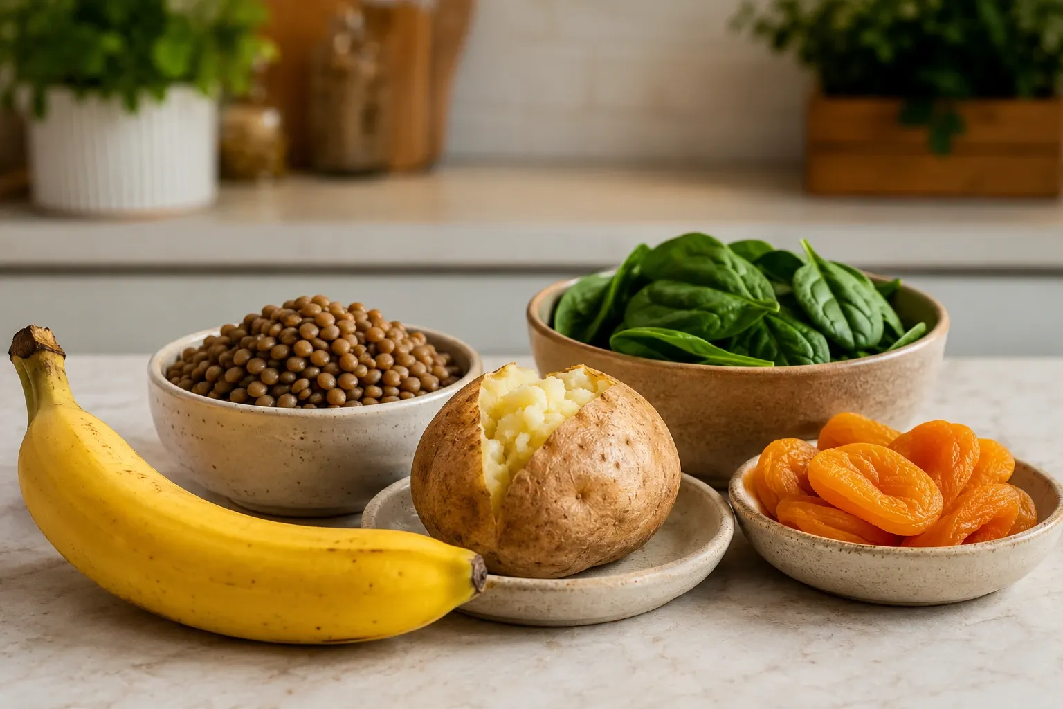 Banana ao lado de lentilhas, batata, espinafre e frutas secas como exemplos de diferentes fontes de potássio.