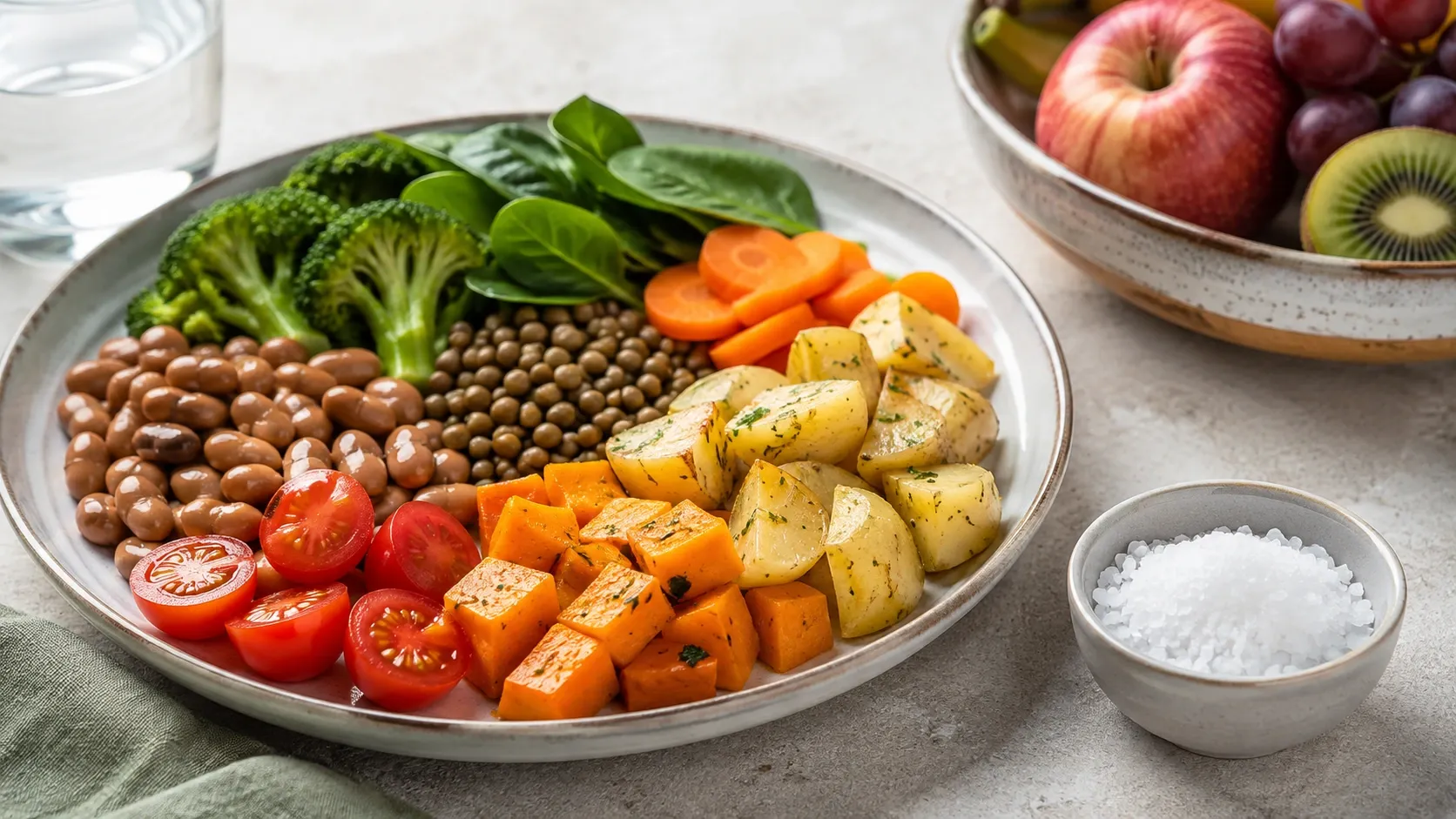 Refeição com vegetais, leguminosas e outros alimentos ricos em potássio ao lado de uma pequena quantidade de sal.