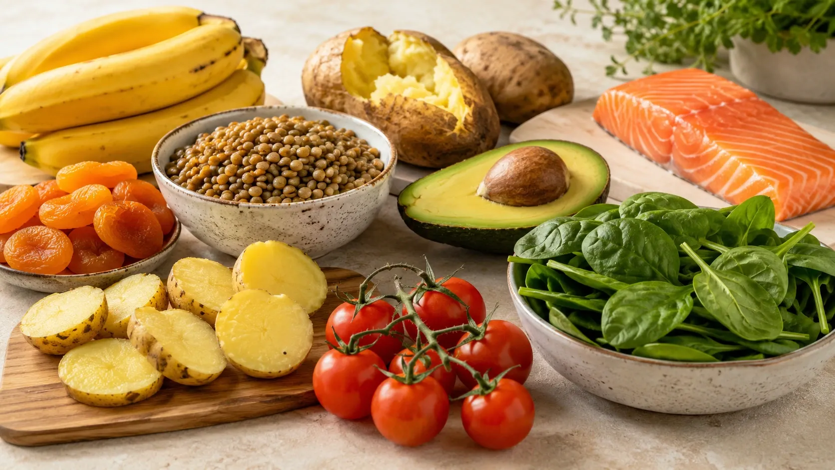 Alimentos naturalmente ricos em potássio organizados sobre uma mesa clara, incluindo banana, batata, lentilhas, abacate, folhas verdes e frutas.