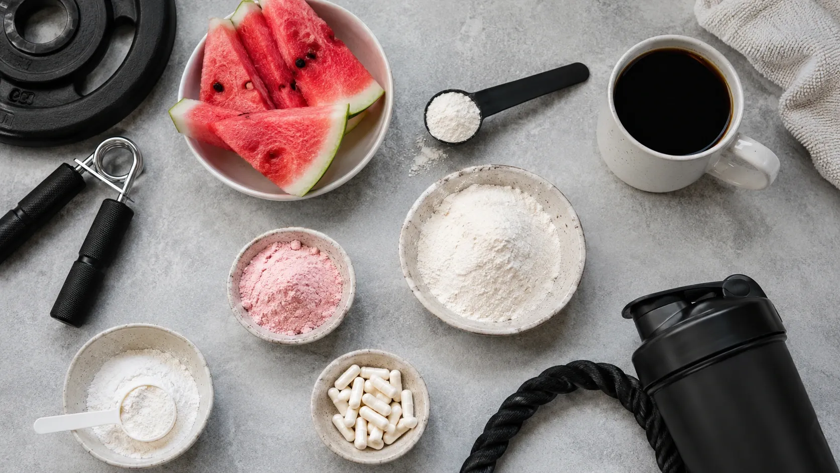 Café, ingredientes de suplementação e alimentos dispostos ao lado de acessórios de treino.
