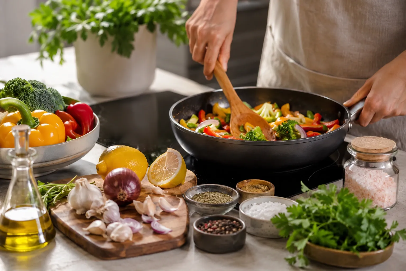 Refeição sendo preparada com verduras, ervas, alho, limão e especiarias como alternativas para reduzir o uso de sal.