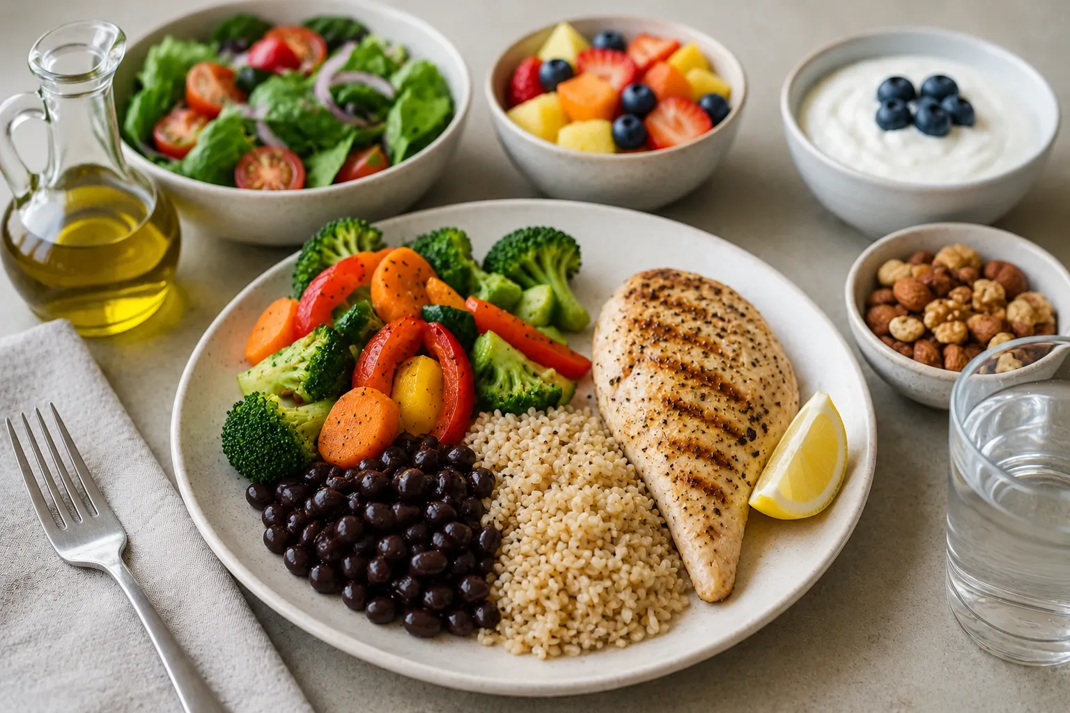 Prato inspirado no padrão DASH com verduras, feijões, grãos integrais e peixe, acompanhado de frutas e oleaginosas.