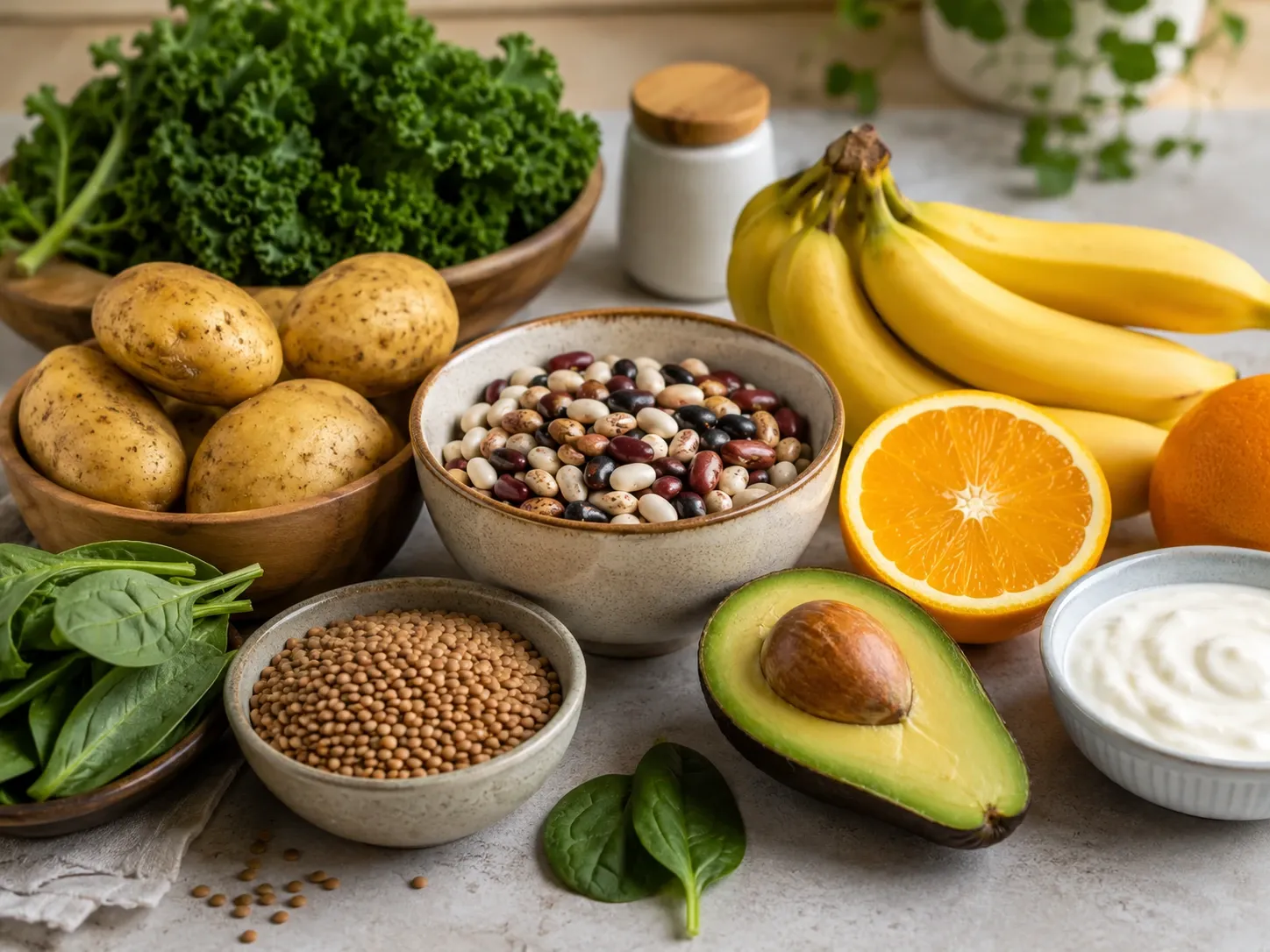 Alimentos naturalmente ricos em potássio, incluindo feijões, verduras, batatas, frutas e iogurte.