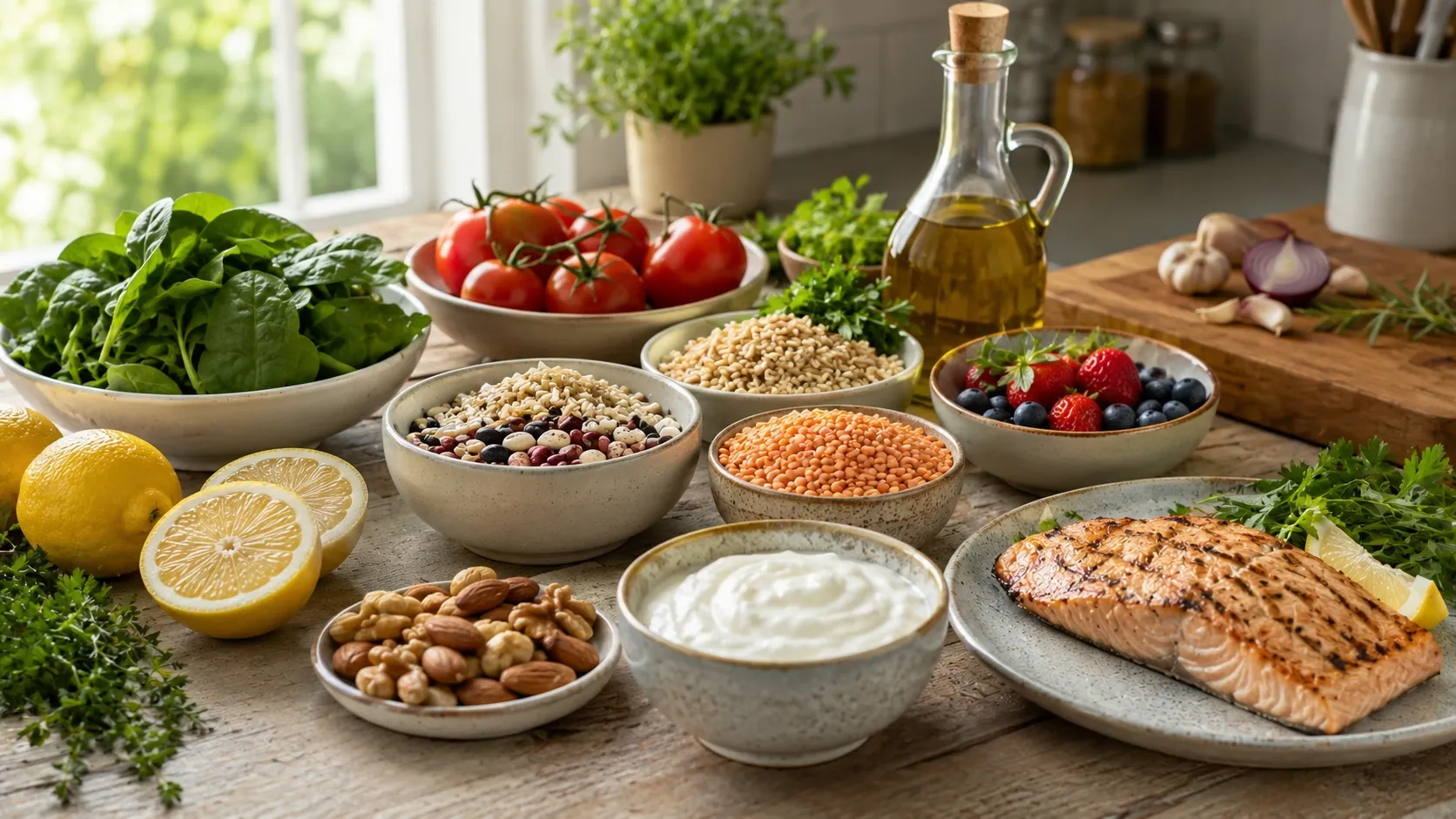 Mesa com alimentos frescos associados a uma alimentação cardioprotetora, incluindo verduras, frutas, feijões e grãos integrais.