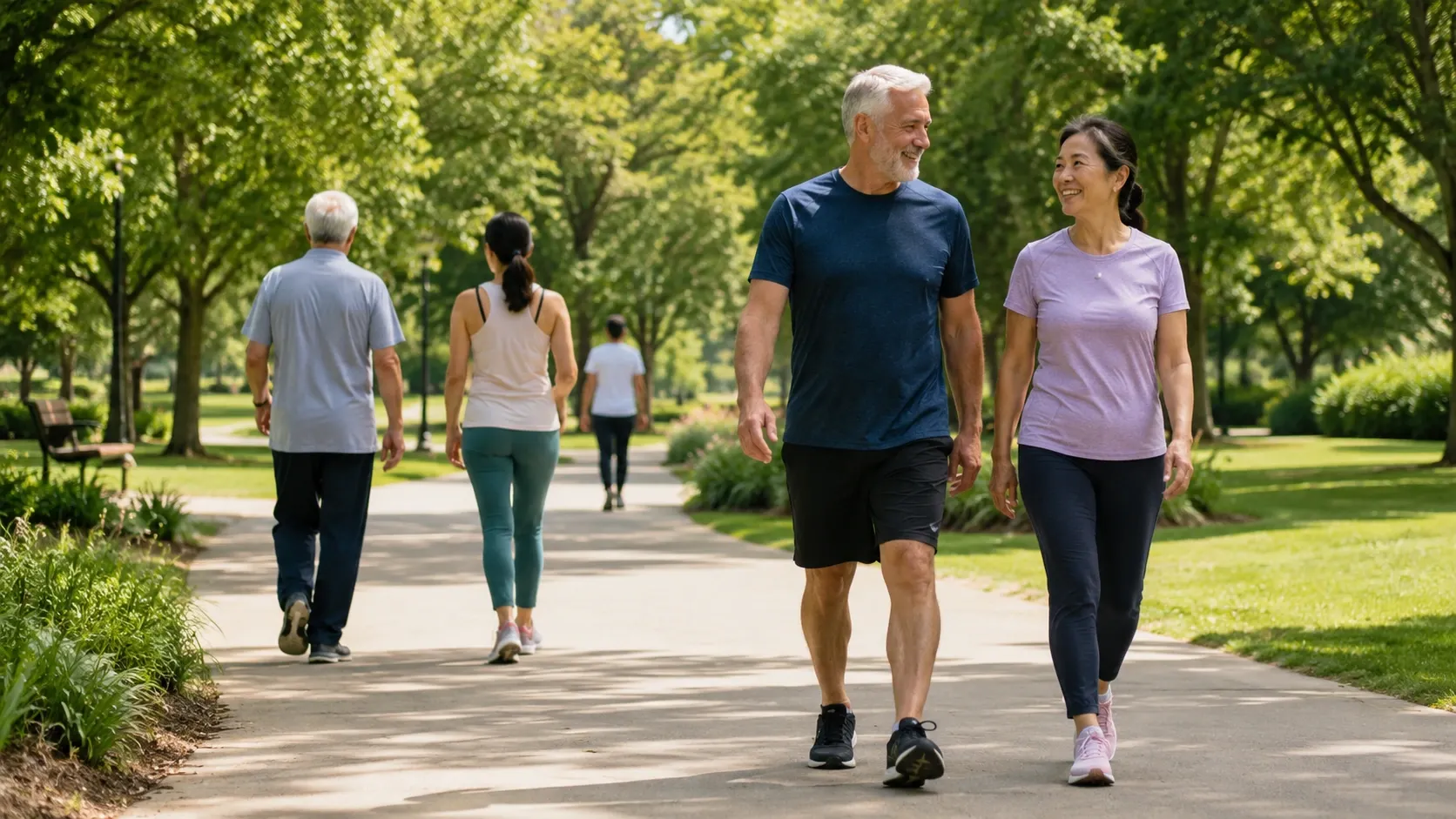 Adultos de diferentes idades caminhando em um parque em ritmos confortáveis.