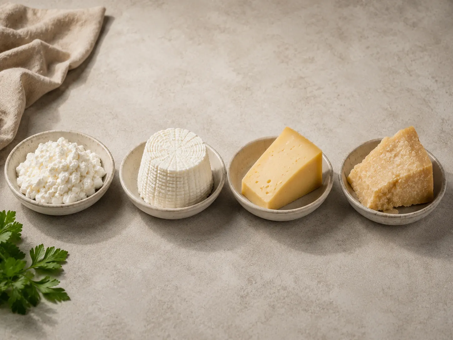Diferentes tipos de queijo, incluindo opções frescas e maturadas, apresentados em pequenas porções.