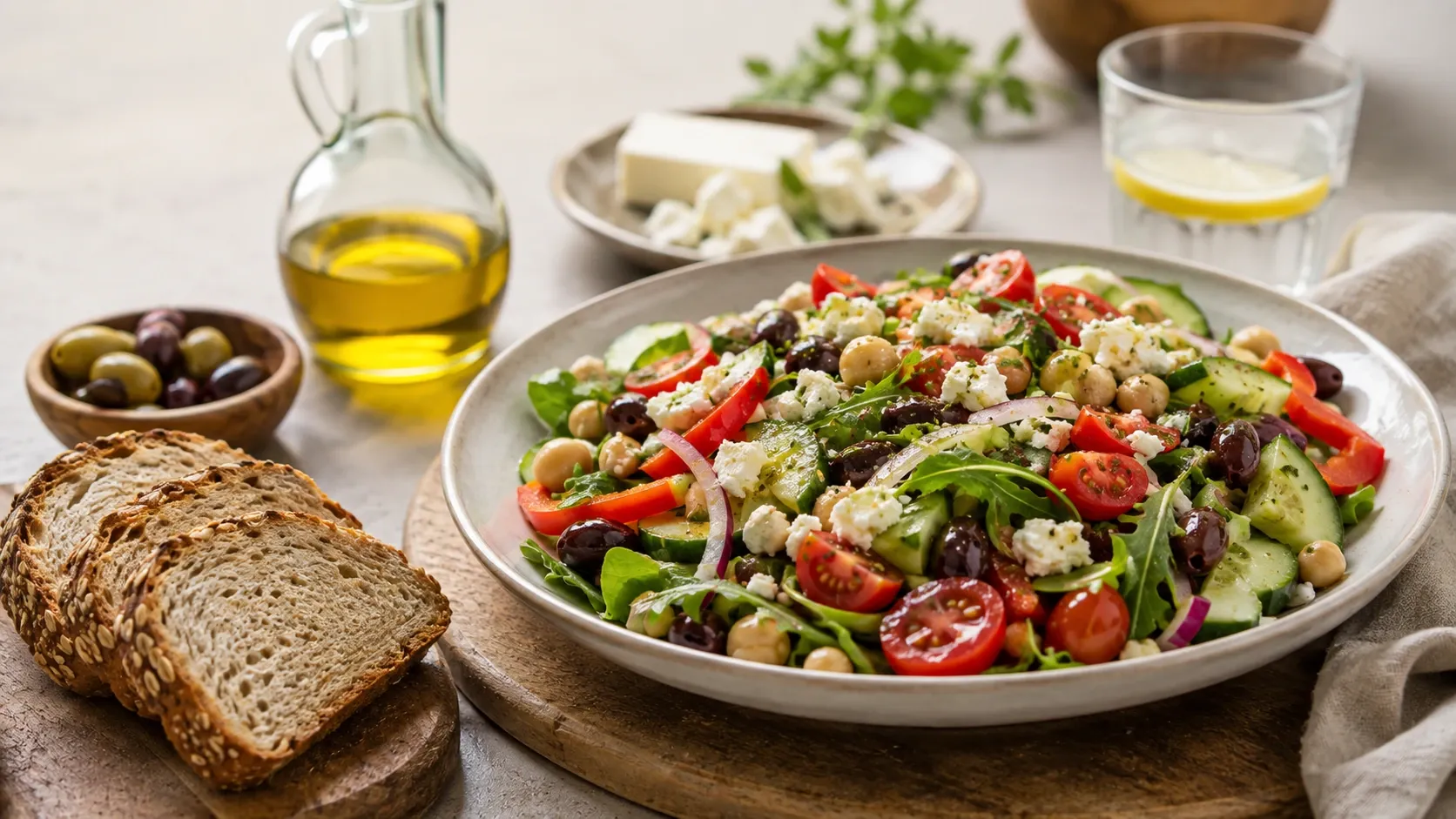 Salada com vegetais e leguminosas acompanhada de pão integral, azeite e pequena quantidade de queijo.