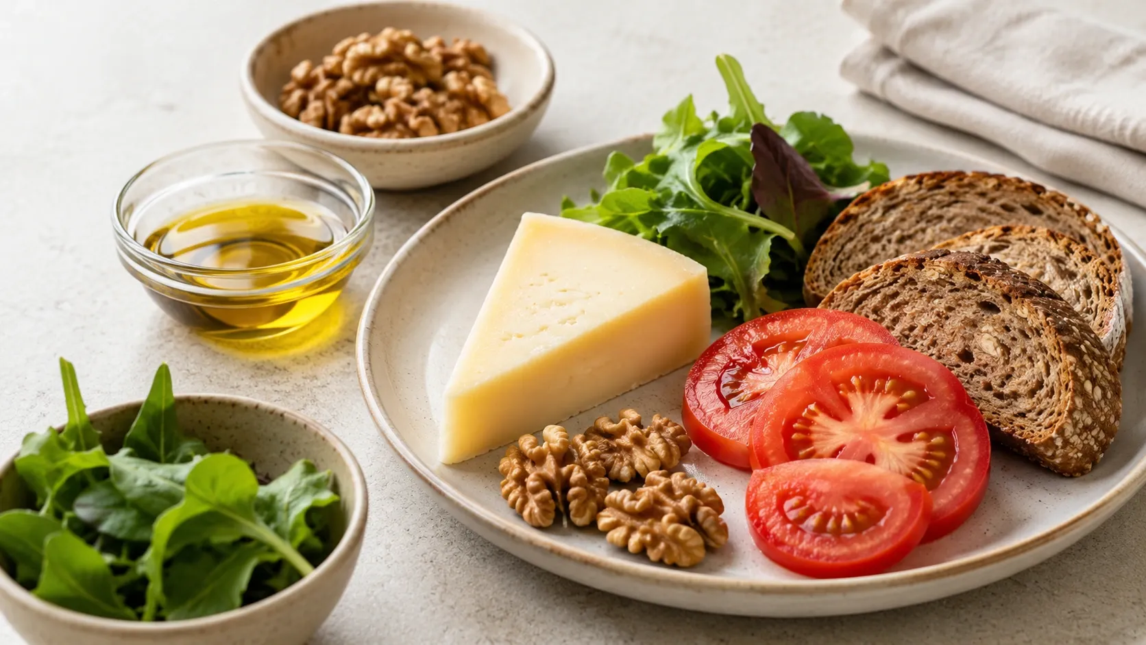 Porção de queijo ao lado de alimentos vegetais e azeite, representando escolhas alimentares relacionadas à saúde cardiovascular.