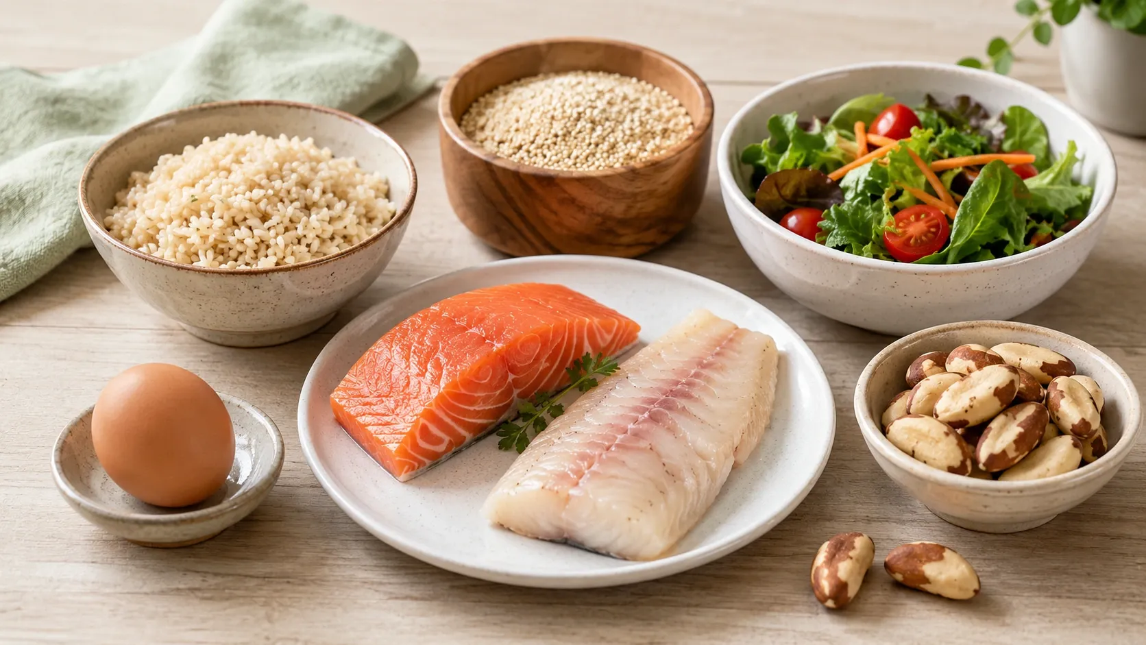 Pequenas porções de peixe, ovo, cereais e castanhas-do-brasil representando uma alimentação variada com fontes de selênio.