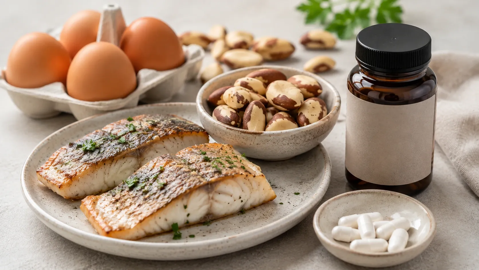 Frasco de suplemento sem marca ao lado de peixes, ovos e castanhas-do-brasil, comparando suplementação e fontes alimentares.