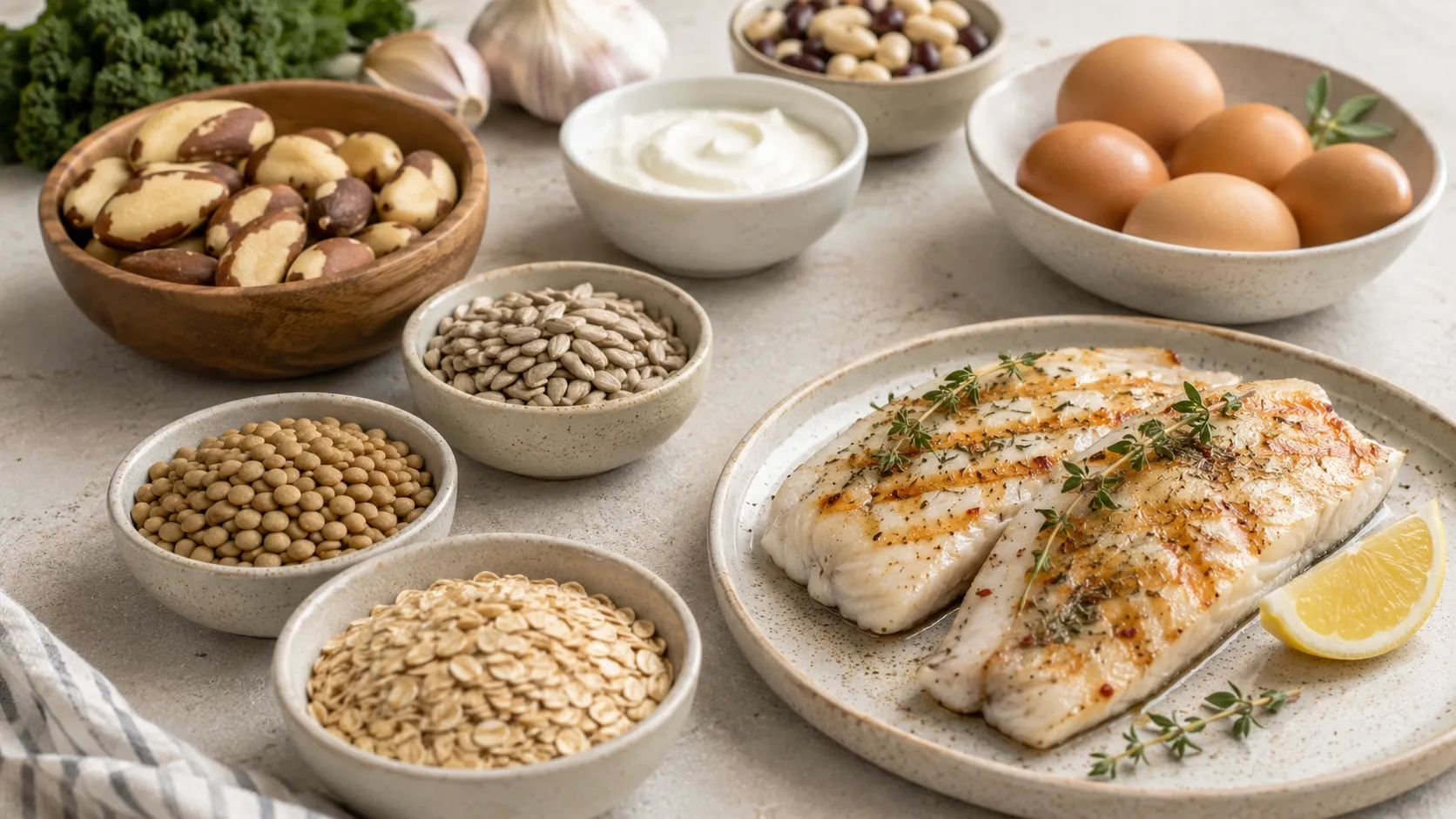 Castanhas-do-brasil, peixe, ovos e cereais dispostos sobre uma mesa clara, representando diferentes fontes alimentares de selênio.