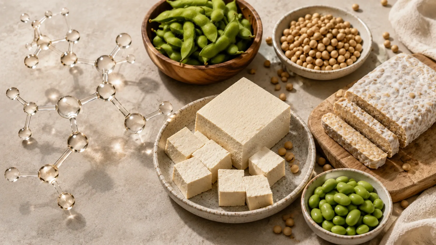 Alimentos de soja ao lado de elementos visuais sutis que representam sua composição molecular.