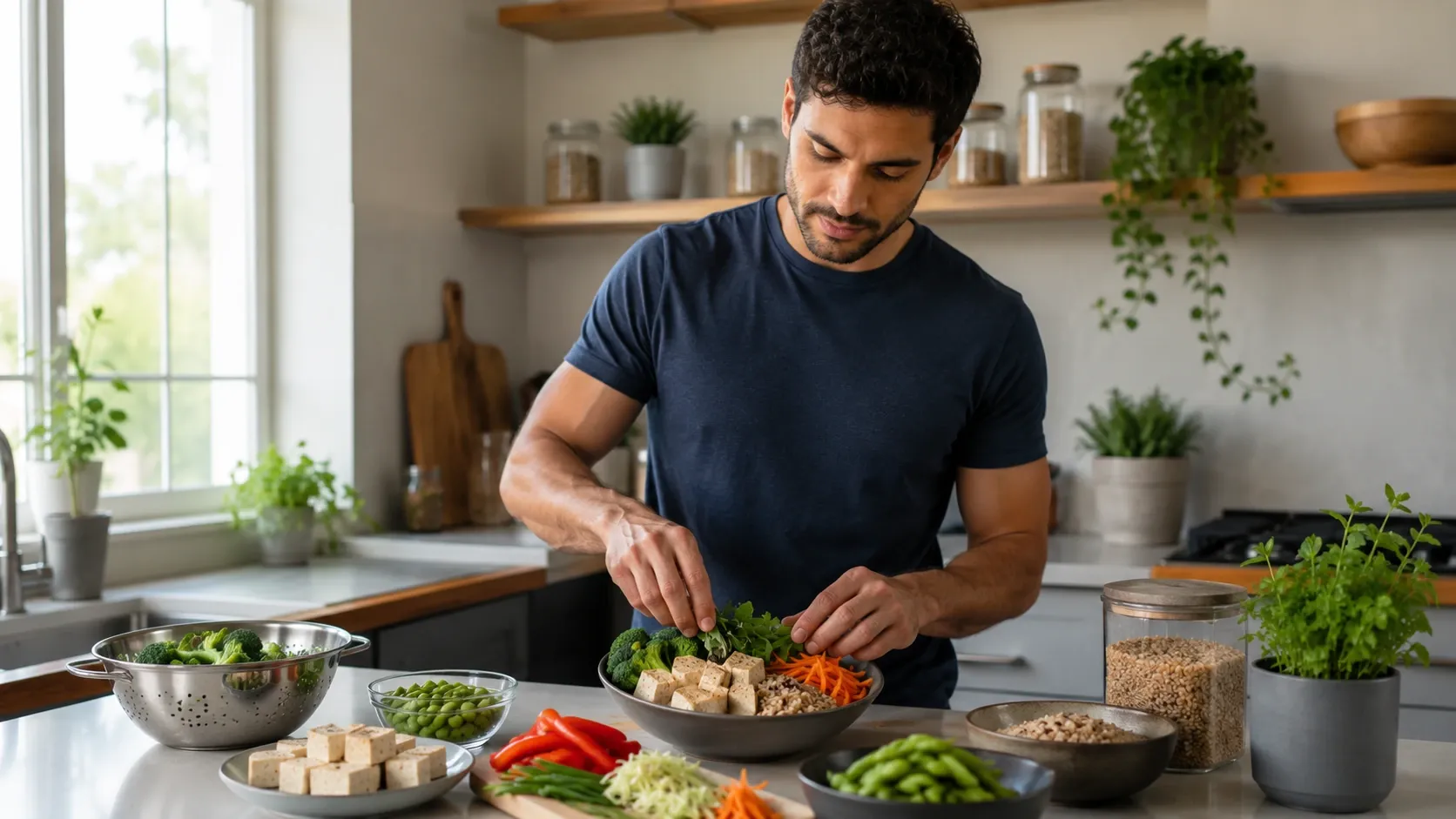 Homem preparando uma refeição equilibrada com tofu, edamame, vegetais e grãos.