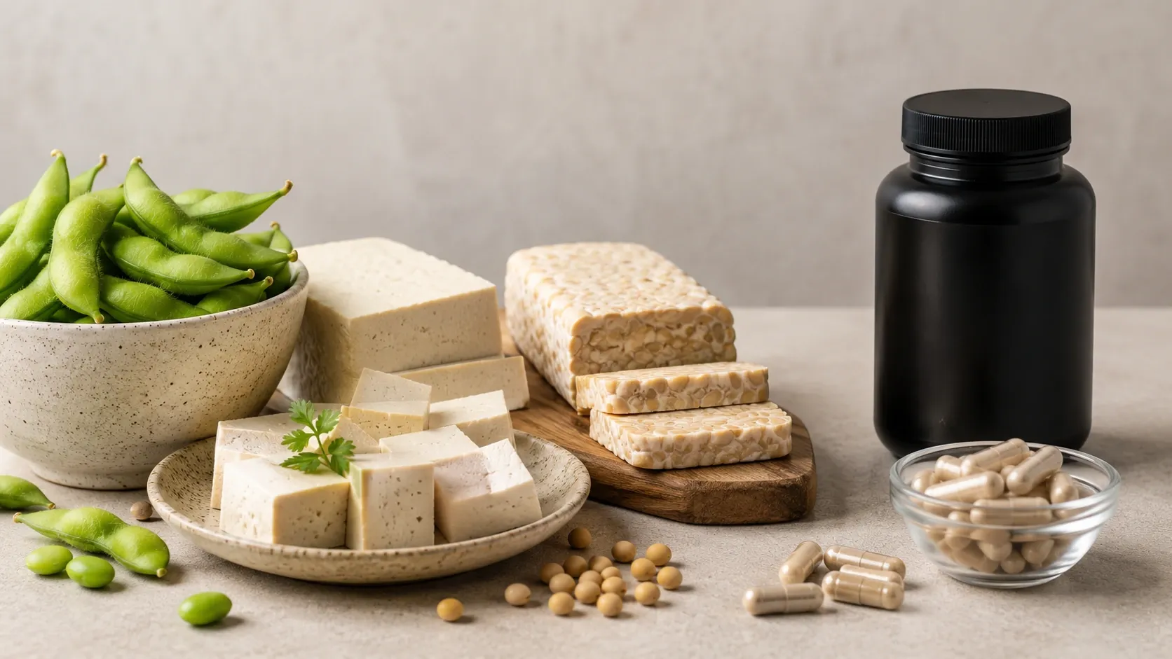 Comparação visual entre alimentos de soja e um suplemento concentrado genérico.