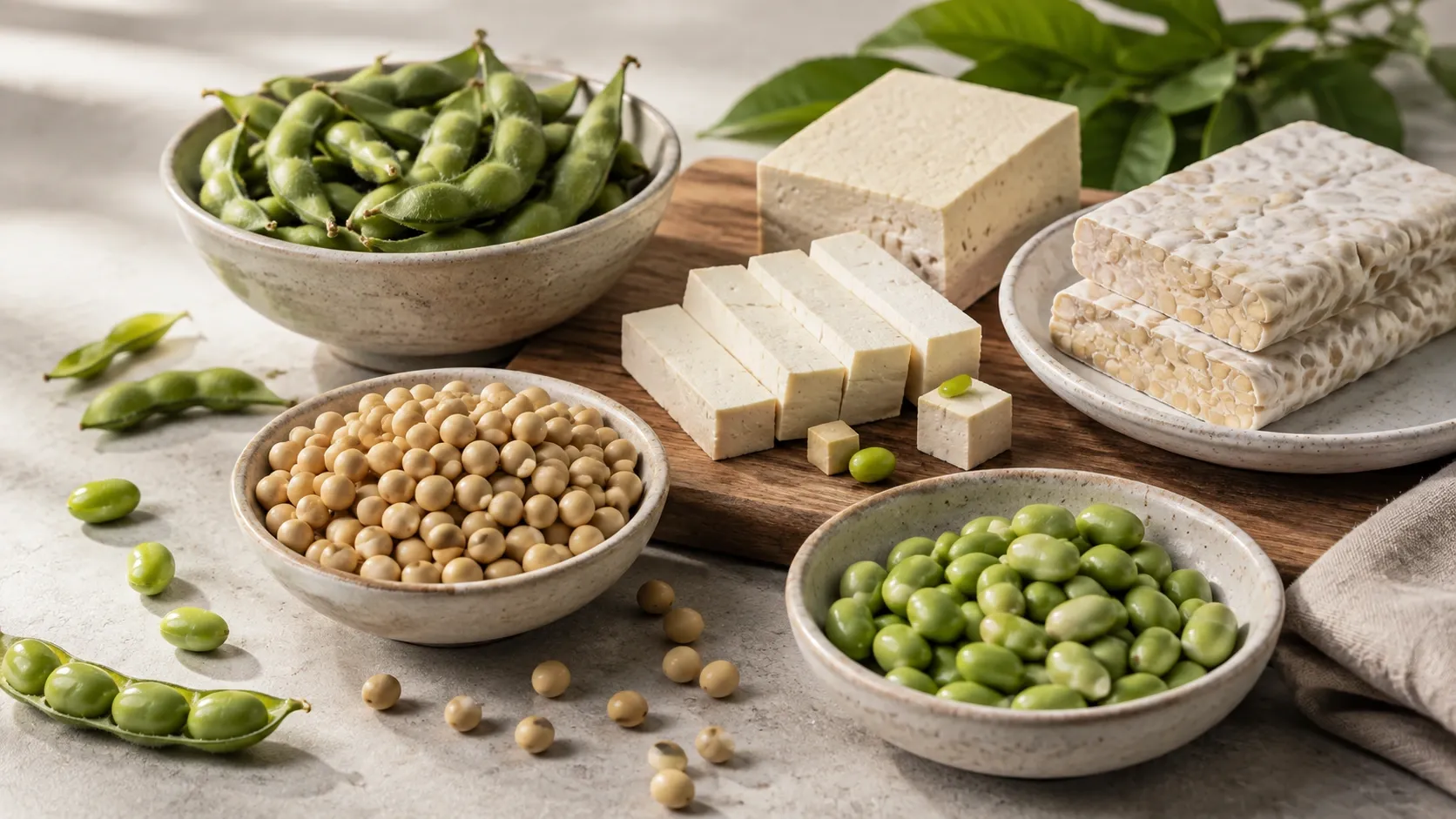 Tofu, edamame e grãos de soja dispostos sobre uma mesa clara em uma composição editorial natural.