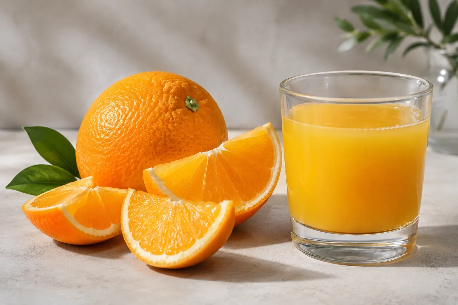 Laranja inteira com a polpa visível comparada a um copo de suco coado.