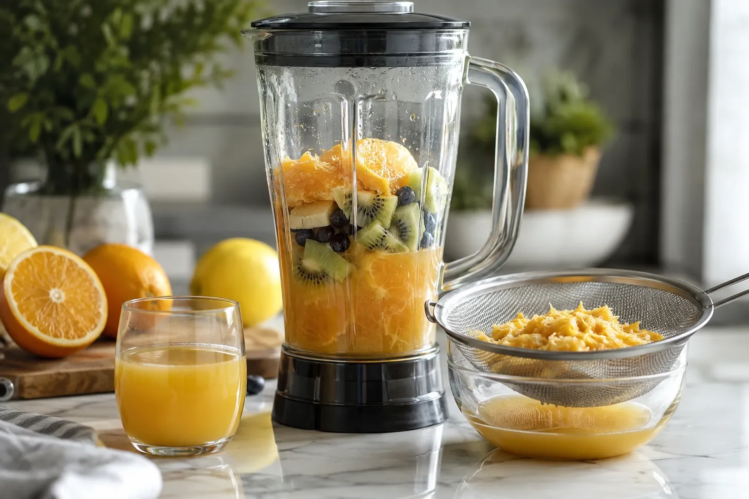 Liquidificador com frutas e polpa ao lado de um coador e um pequeno copo de suco.