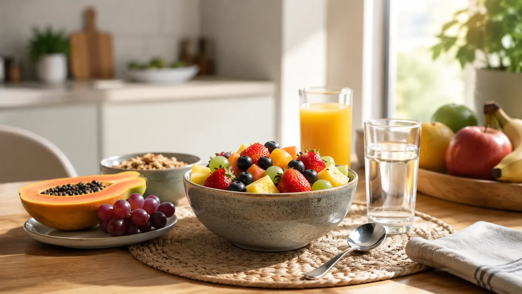 Mesa de café da manhã com frutas inteiras, um pequeno copo de suco e água.