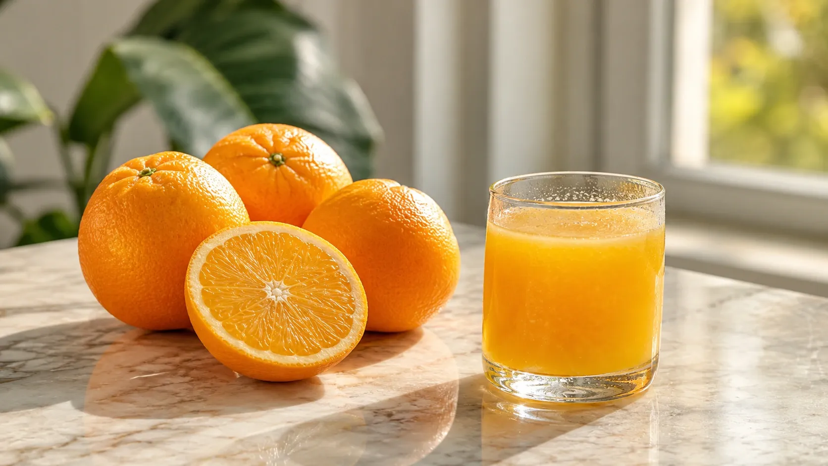 Laranjas inteiras e cortadas ao lado de um pequeno copo de suco de laranja, sobre uma mesa clara.
