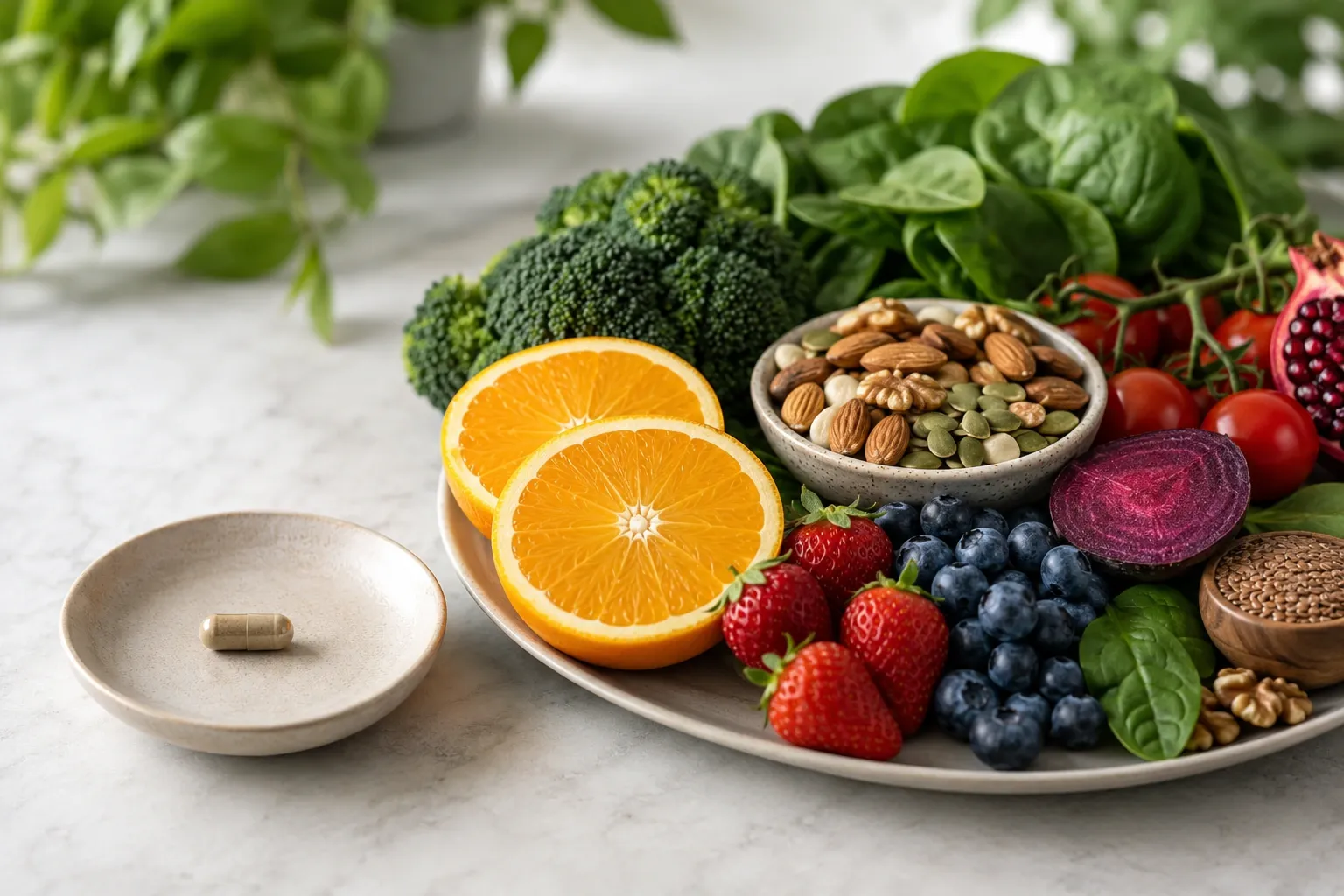 Cápsula de suplemento ao lado de diferentes frutas, vegetais, castanhas e sementes.