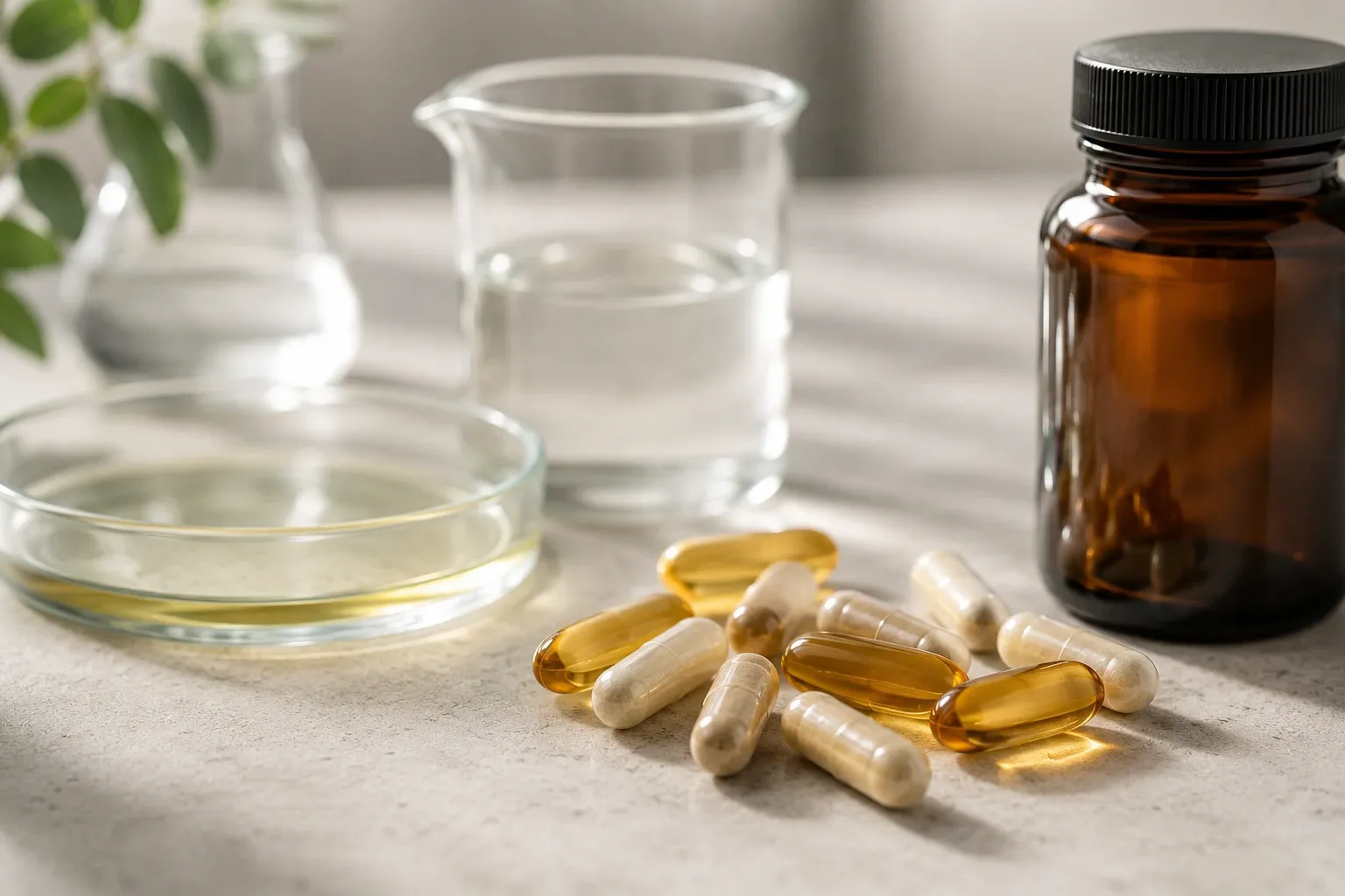 Cápsulas e frasco de suplemento em uma composição que destaca a importância da dose e da segurança.