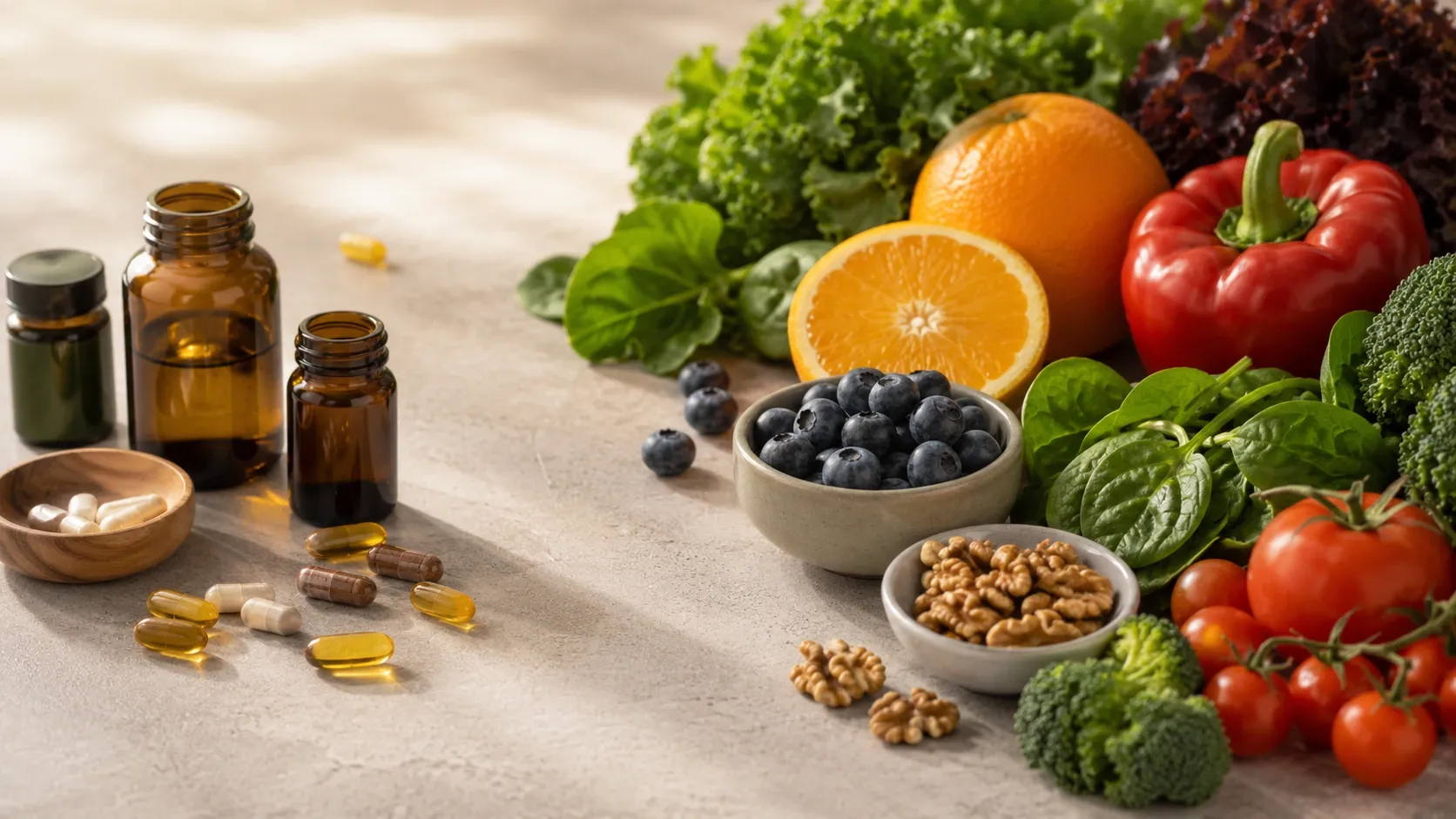 Frascos de suplementos ao lado de frutas, vegetais, castanhas e outros alimentos naturalmente ricos em antioxidantes.