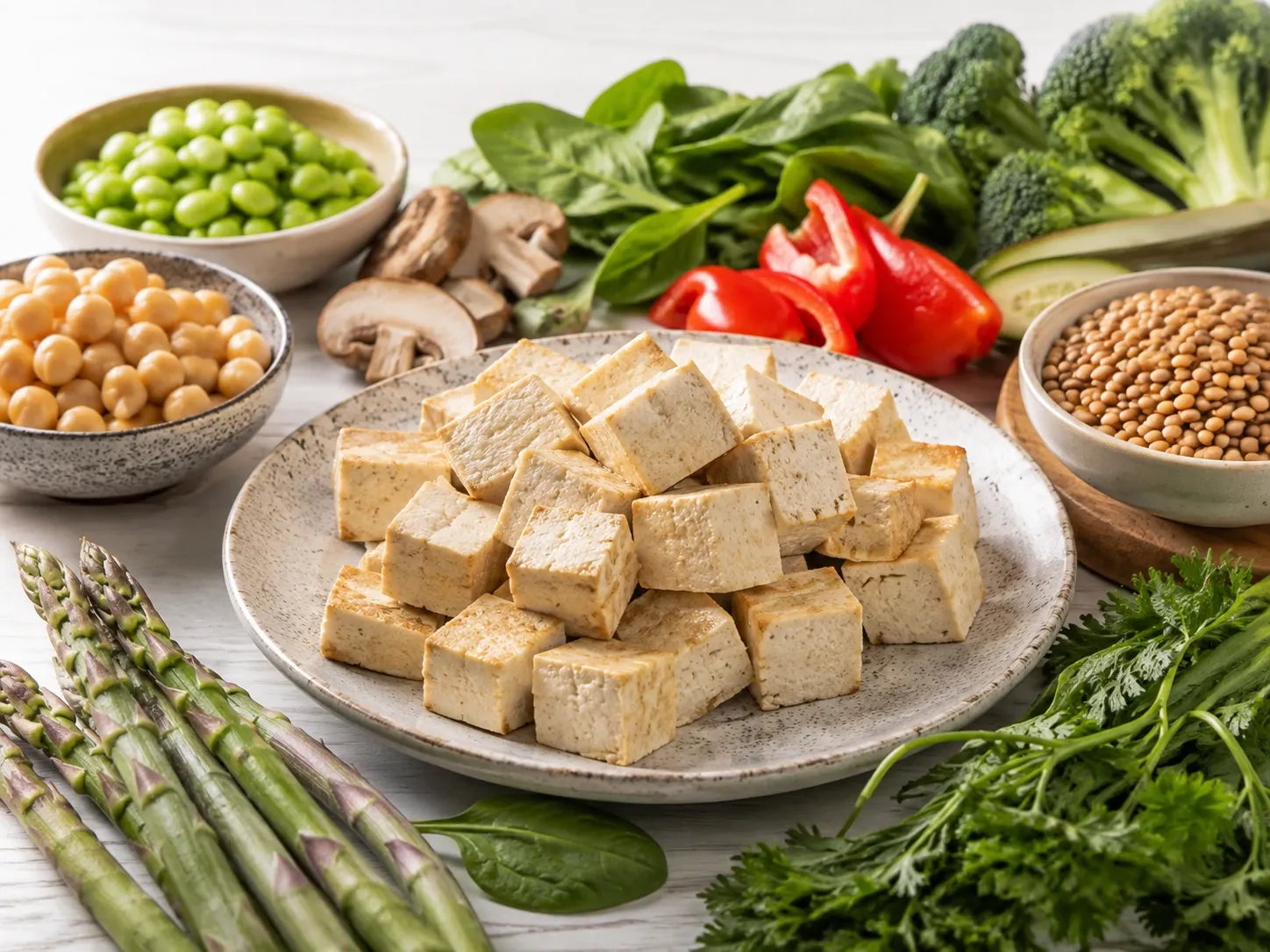Tofu firme acompanhado de leguminosas e vegetais que representam diferentes fontes de proteína vegetal.