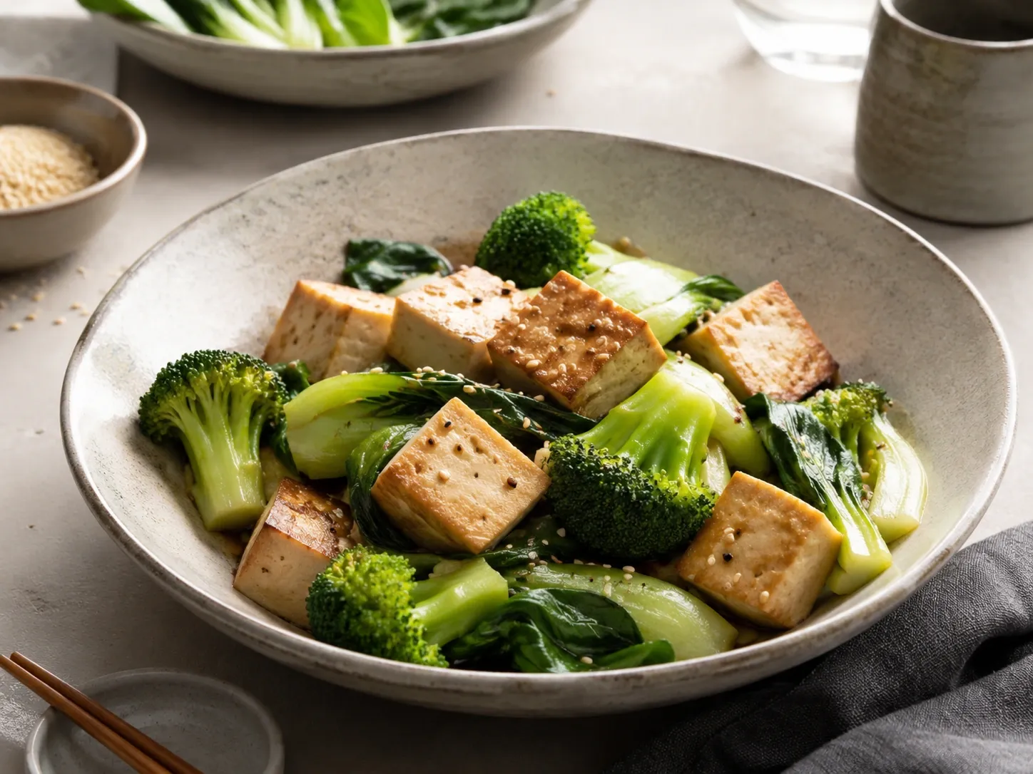 Tofu firme acompanhado de vegetais verdes e sementes em uma refeição rica em alimentos nutritivos.