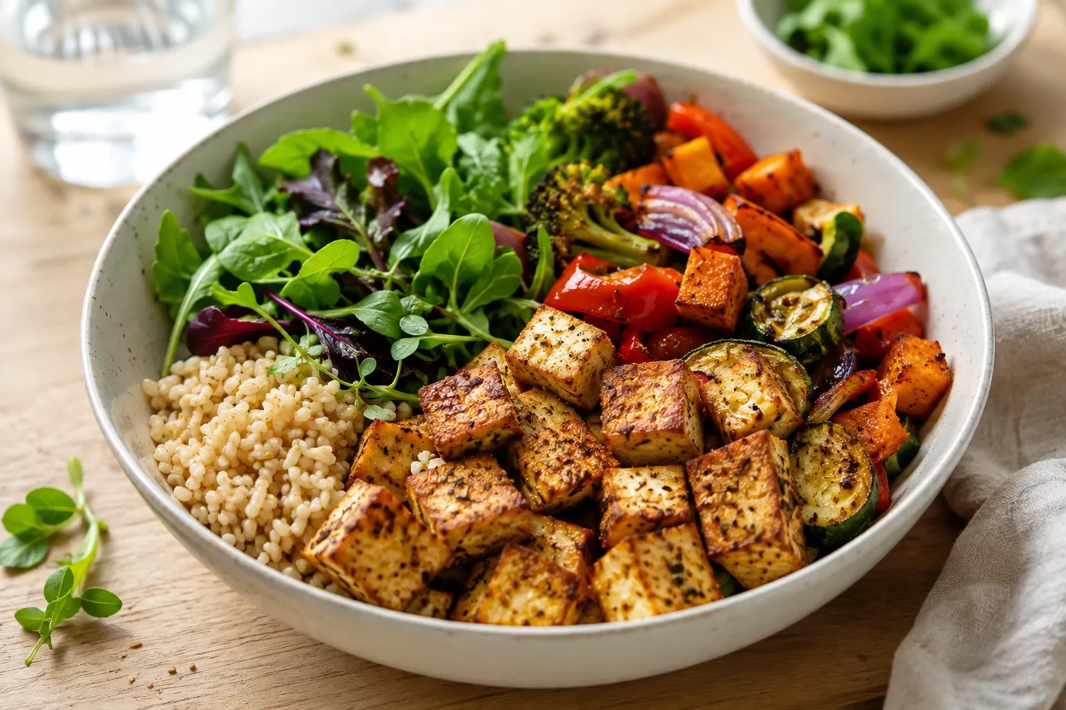Cubos de tofu assado servidos com arroz integral, folhas e vegetais coloridos.