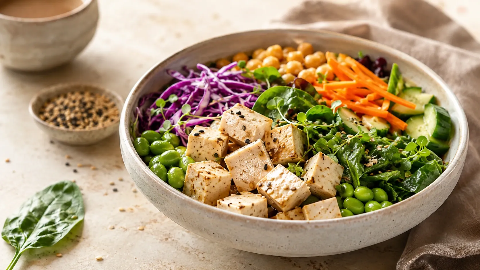 Cubos de tofu com vegetais frescos e ingredientes naturais sobre uma mesa clara.