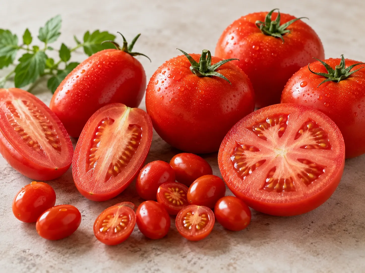 Diferentes variedades de tomates vermelhos maduros, inteiros e cortados, mostrando suas cores e texturas.