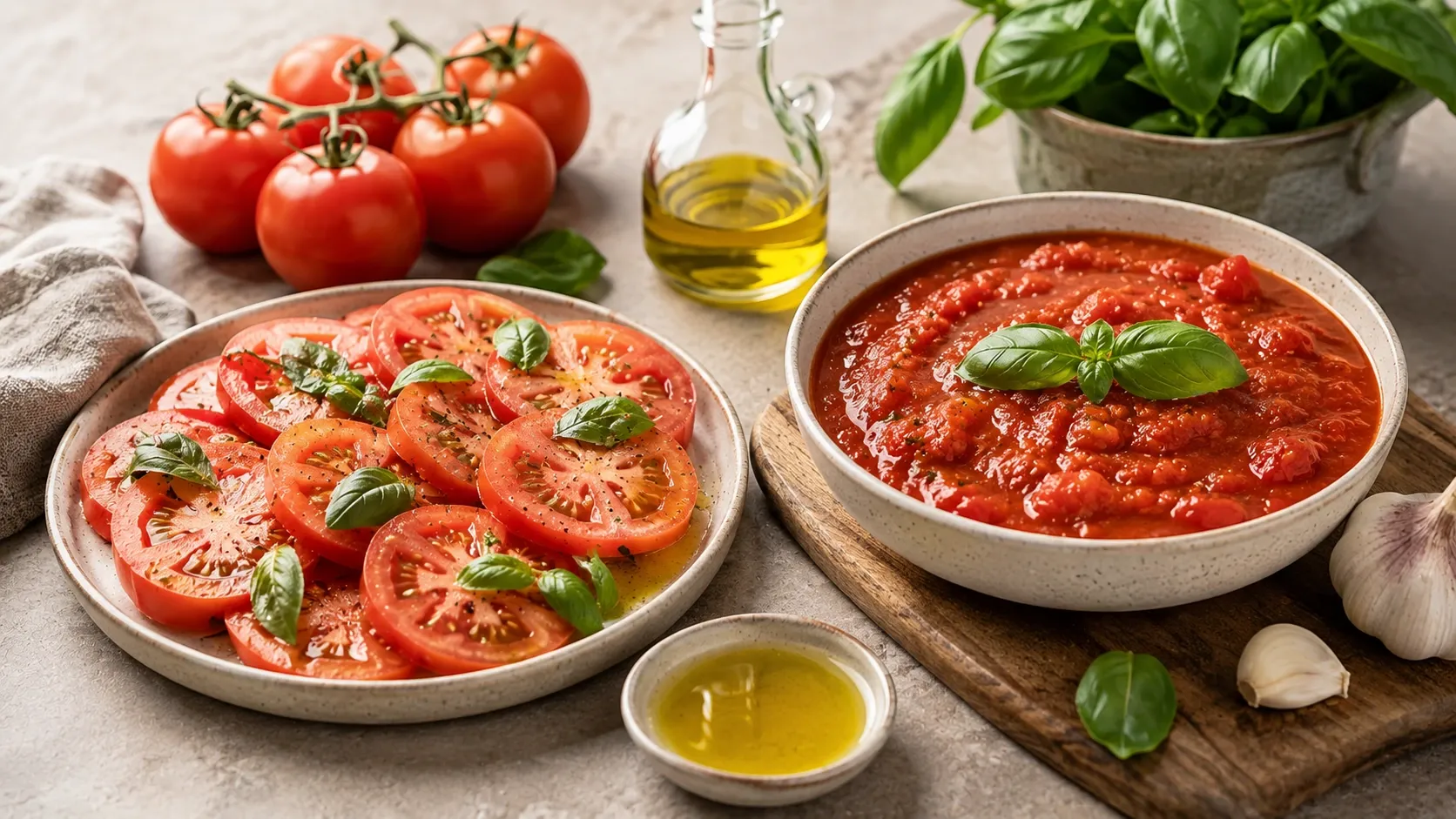 Tomate fresco em salada ao lado de molho caseiro de tomate cozido.
